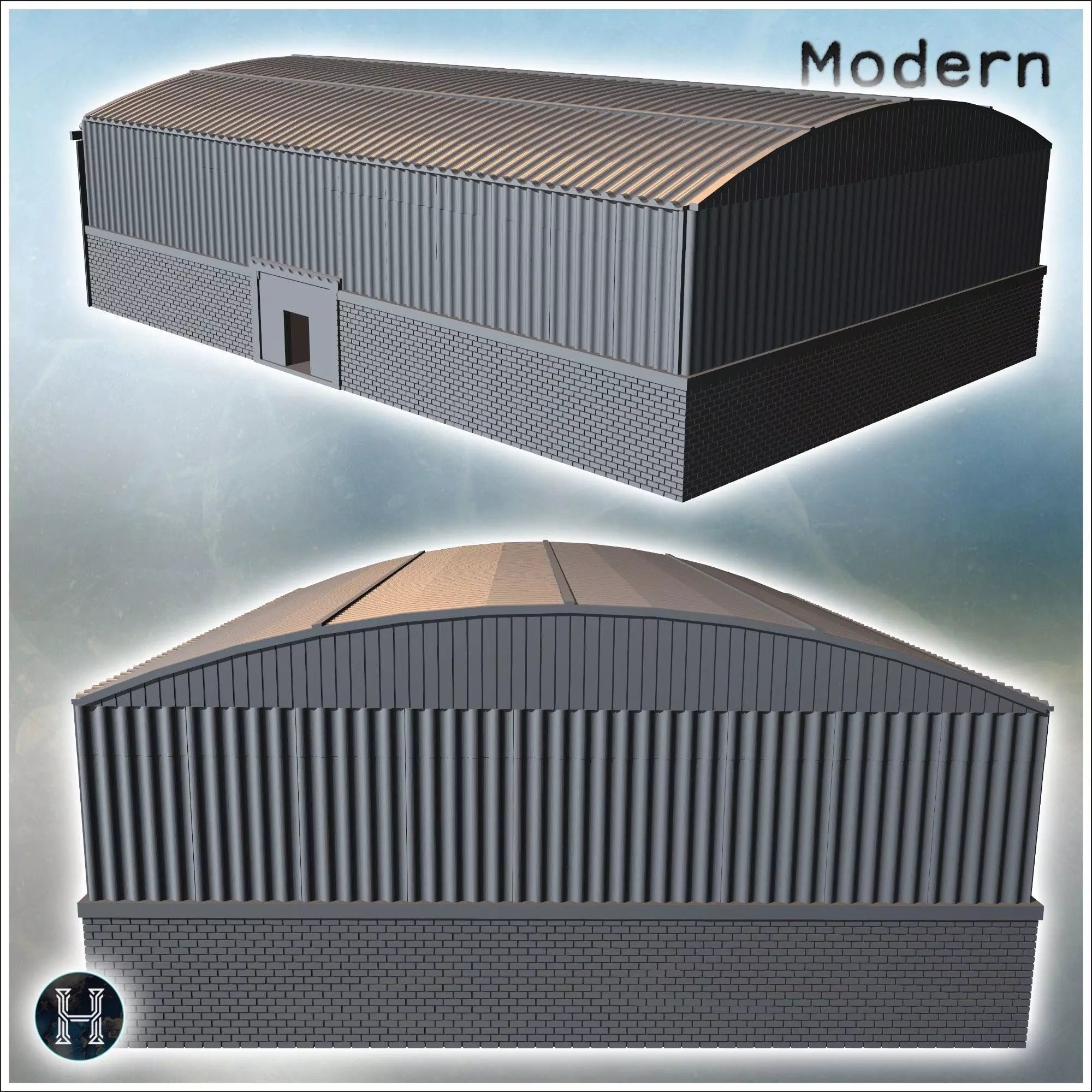 Large corrugated metal shed with sliding doors and brick base 1  3D print model_11