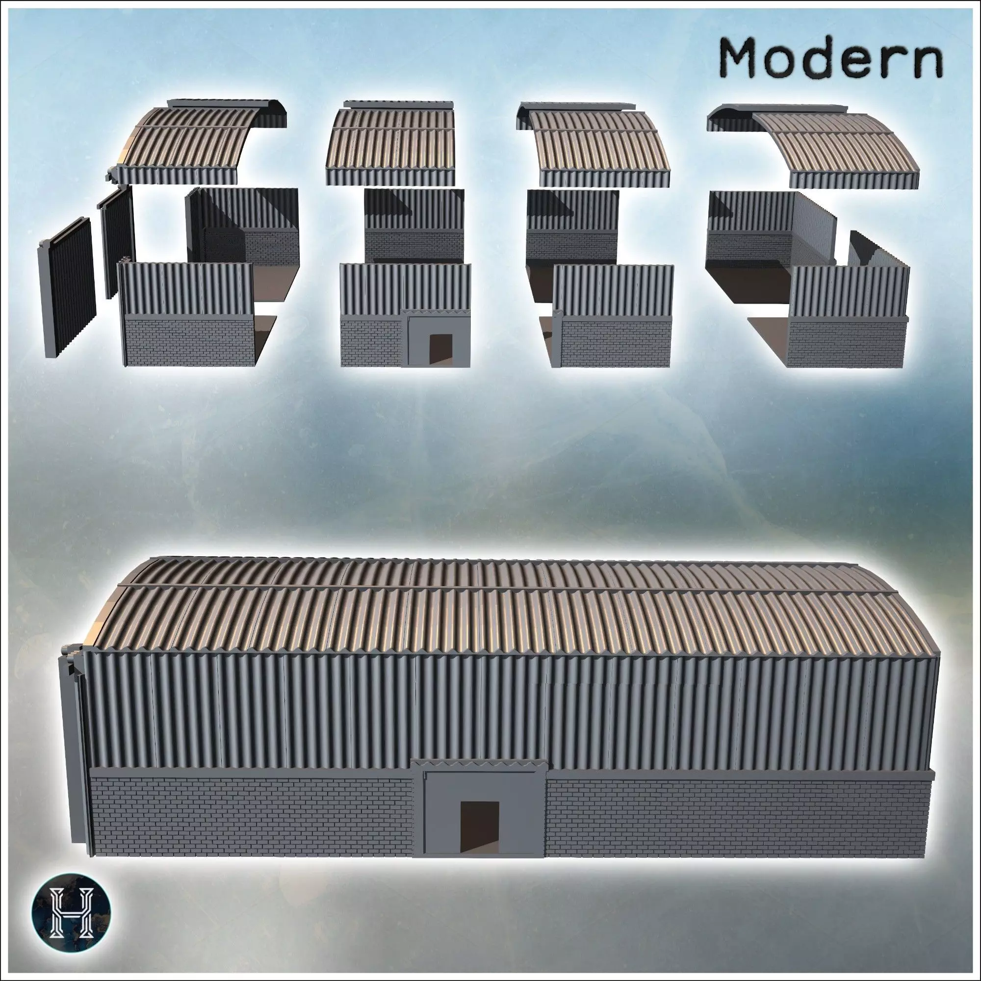 Large corrugated metal shed with sliding doors and brick base 1  3D print model_7