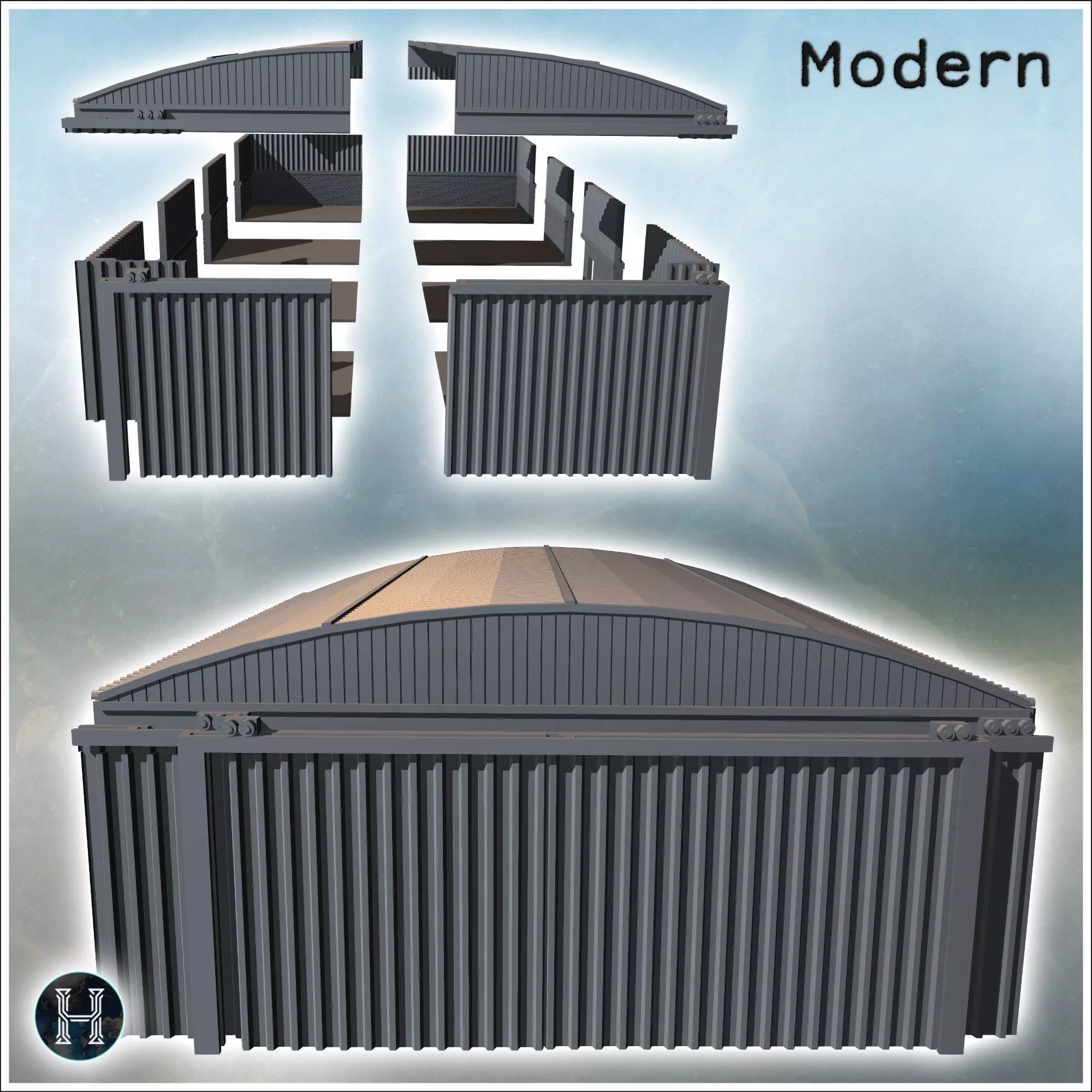 Large corrugated metal shed with sliding doors and brick base 1  3D print model_2