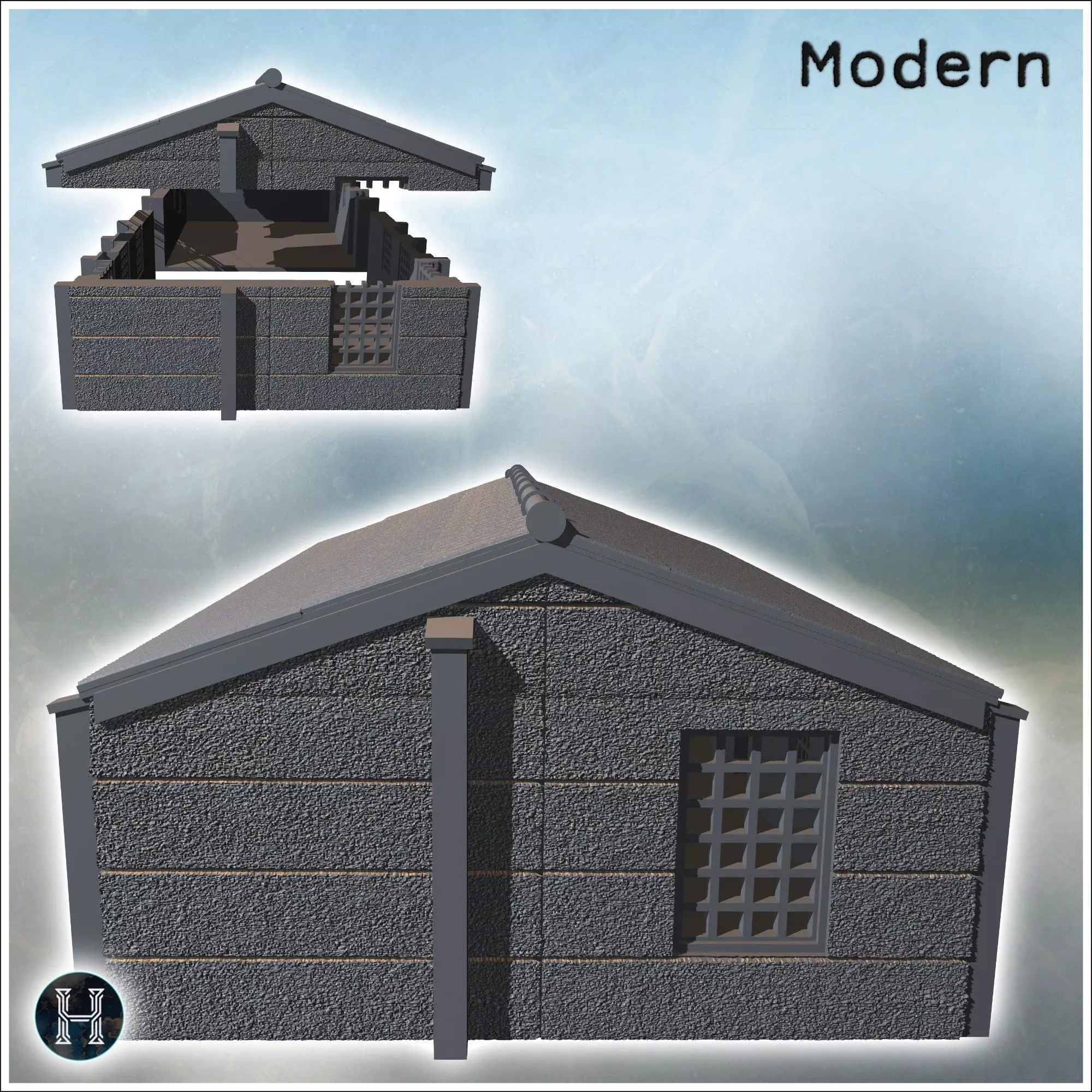 Long warehouse with corrugated roof and multiple windows along t 3D print model_5