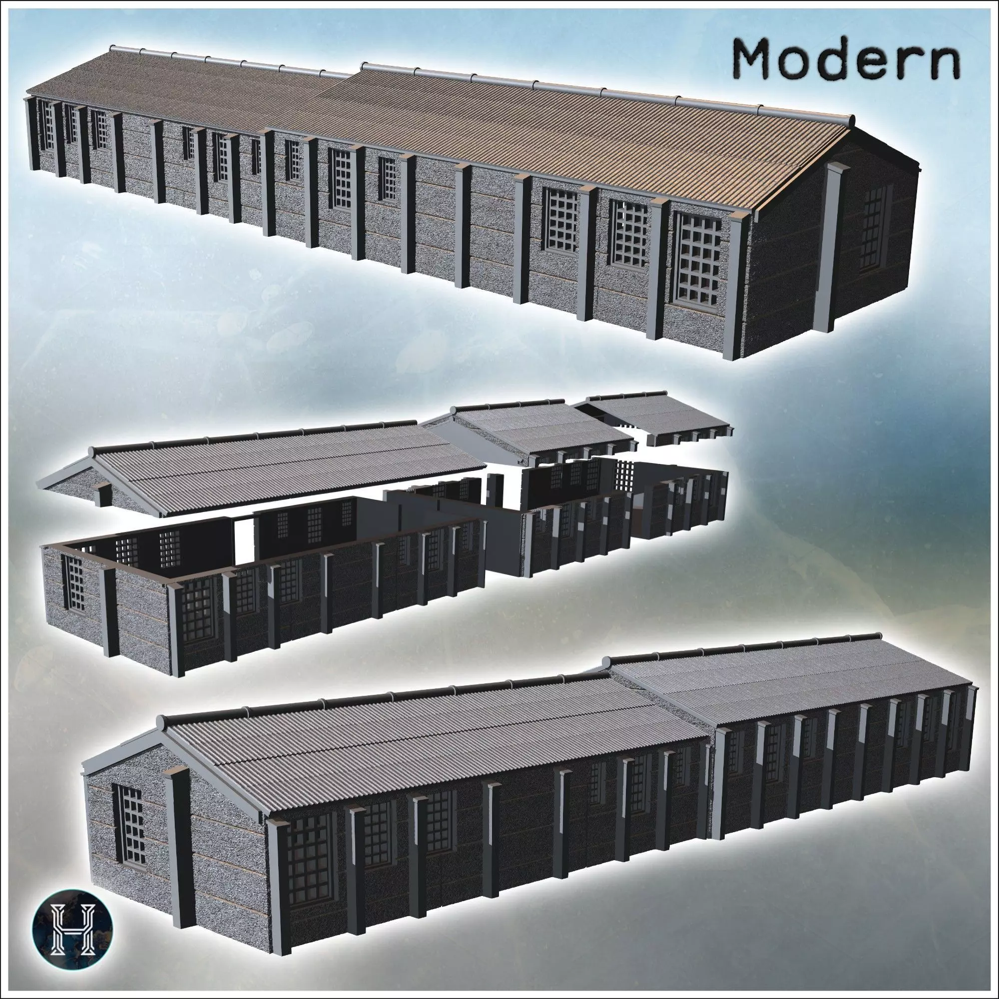 Long warehouse with corrugated roof and multiple windows along t 3D print model_6