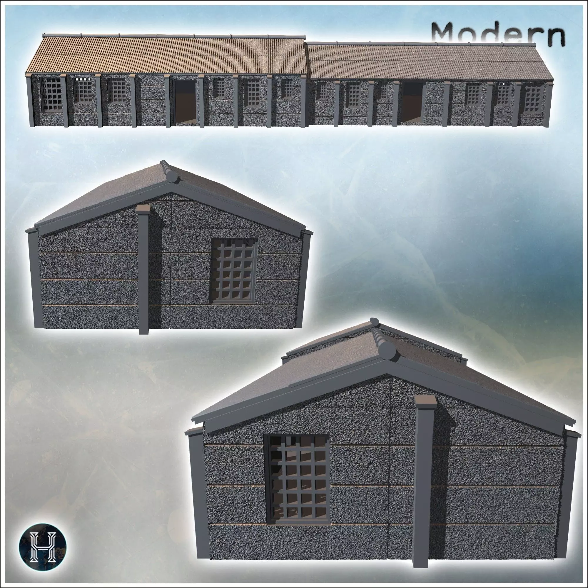 Long warehouse with corrugated roof and multiple windows along t 3D print model_9