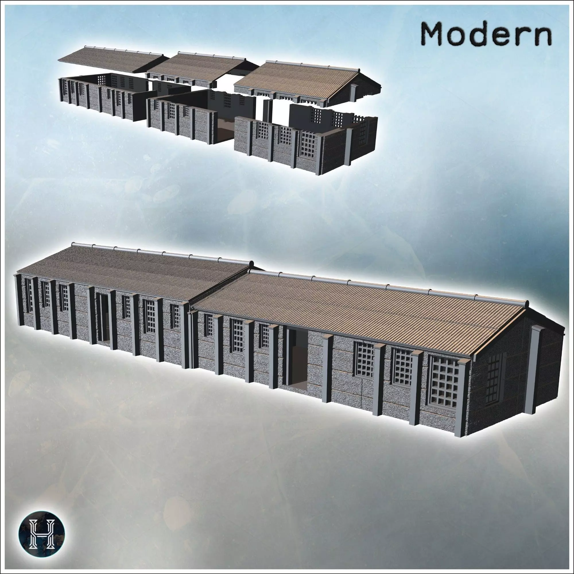 Long warehouse with corrugated roof and multiple windows along t 3D print model_0