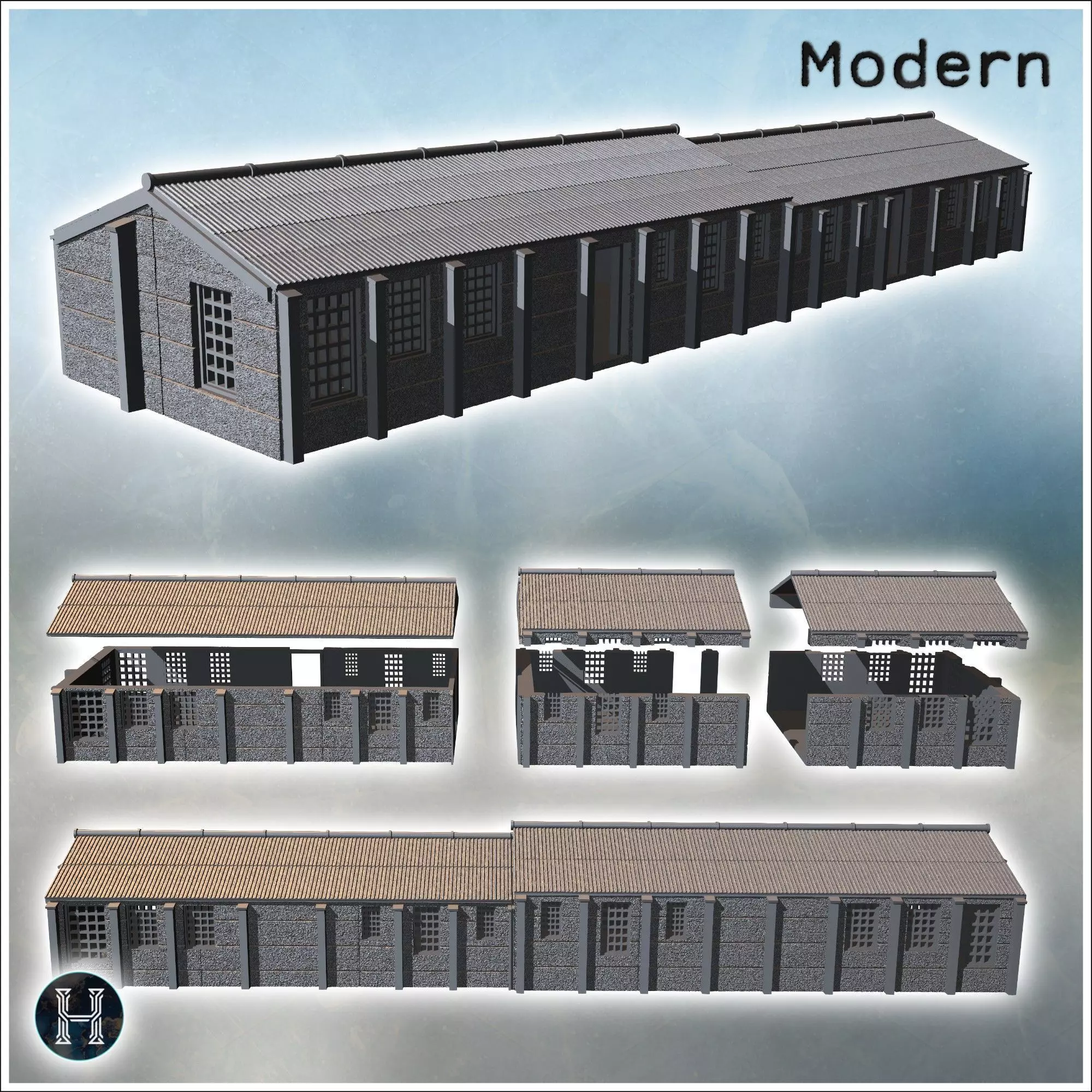 Long warehouse with corrugated roof and multiple windows along t 3D print model_2