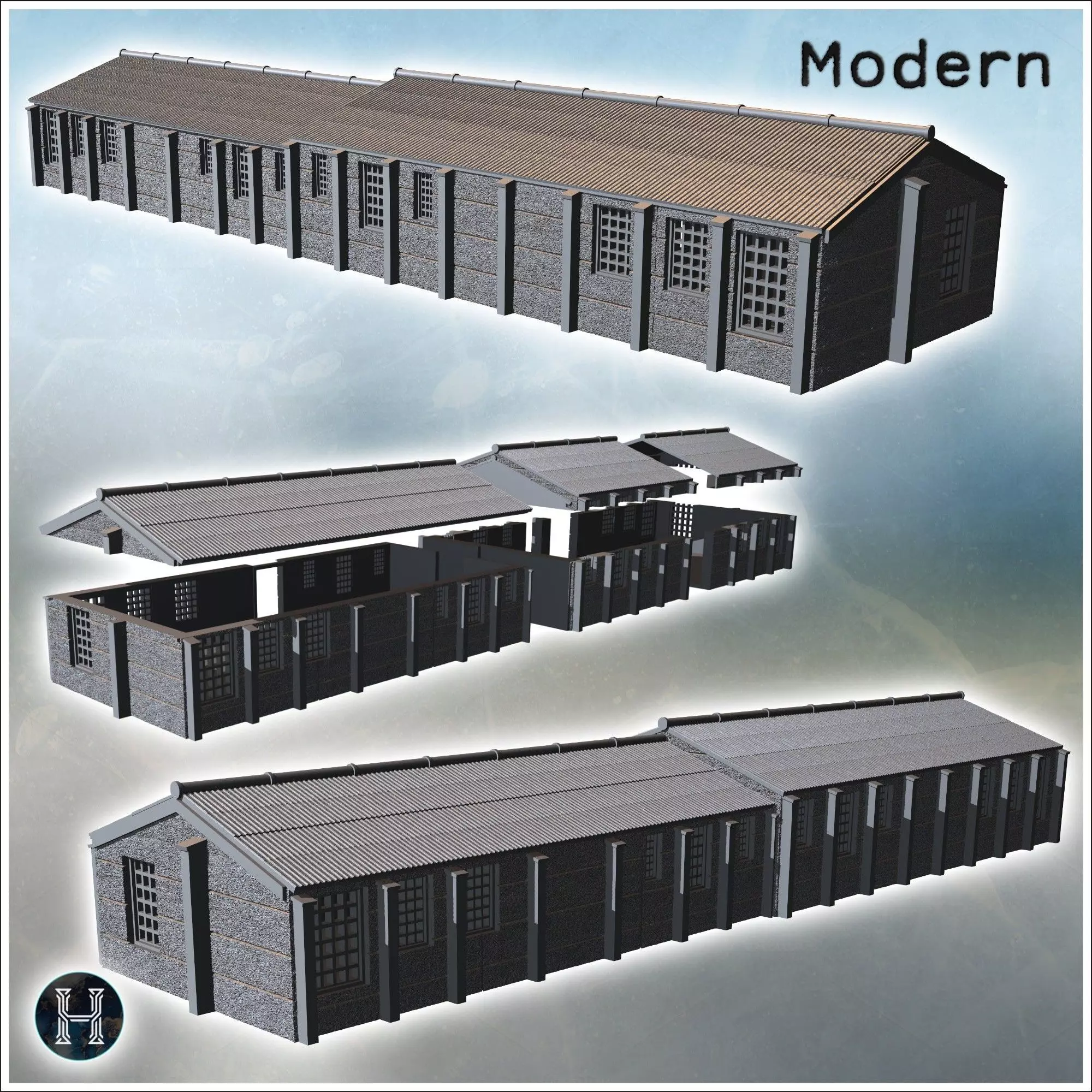 Long warehouse with corrugated roof and multiple windows along t 3D print model_7