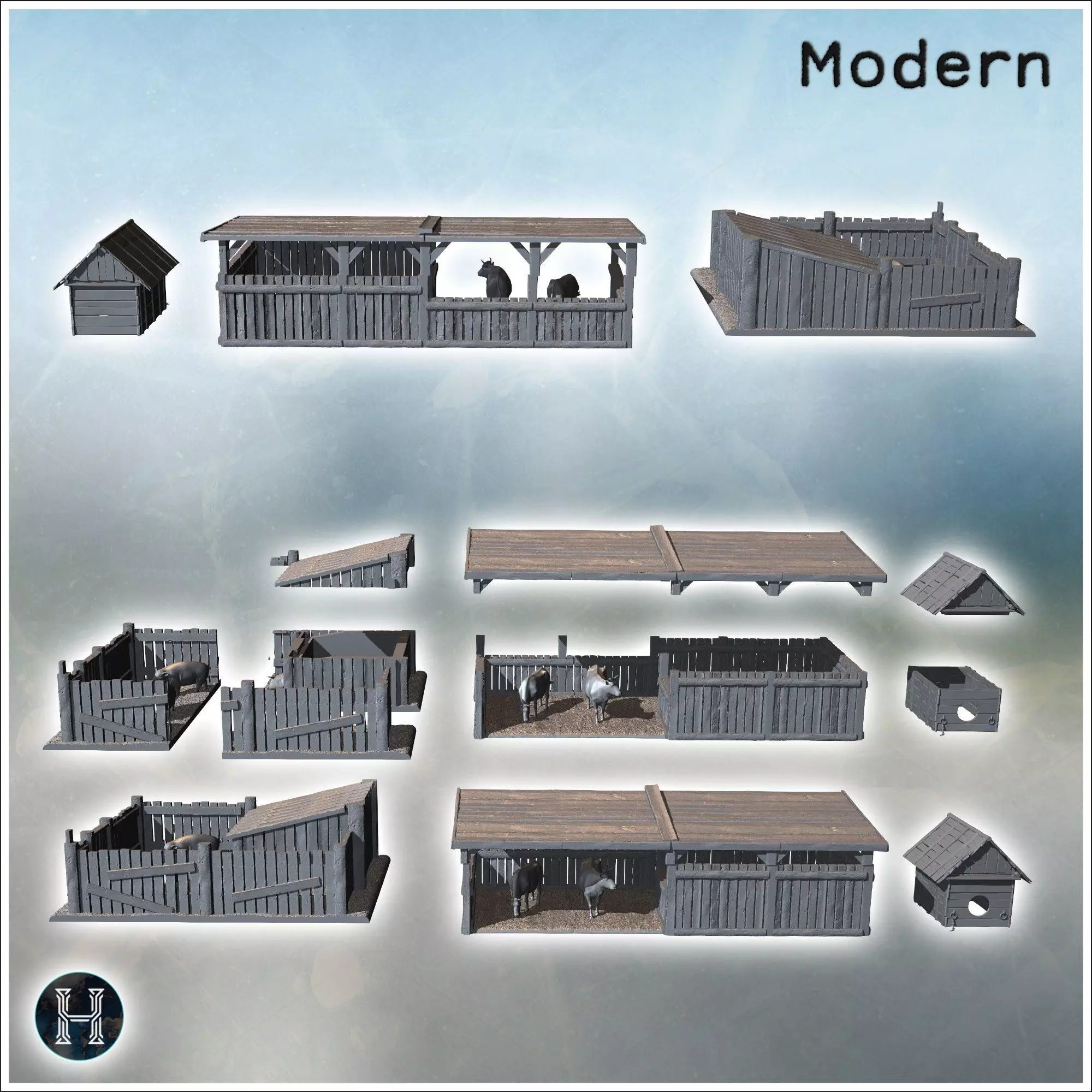 Wooden animal pens and shelters in a fenced area 6 - Modern WW2 3D print model_2