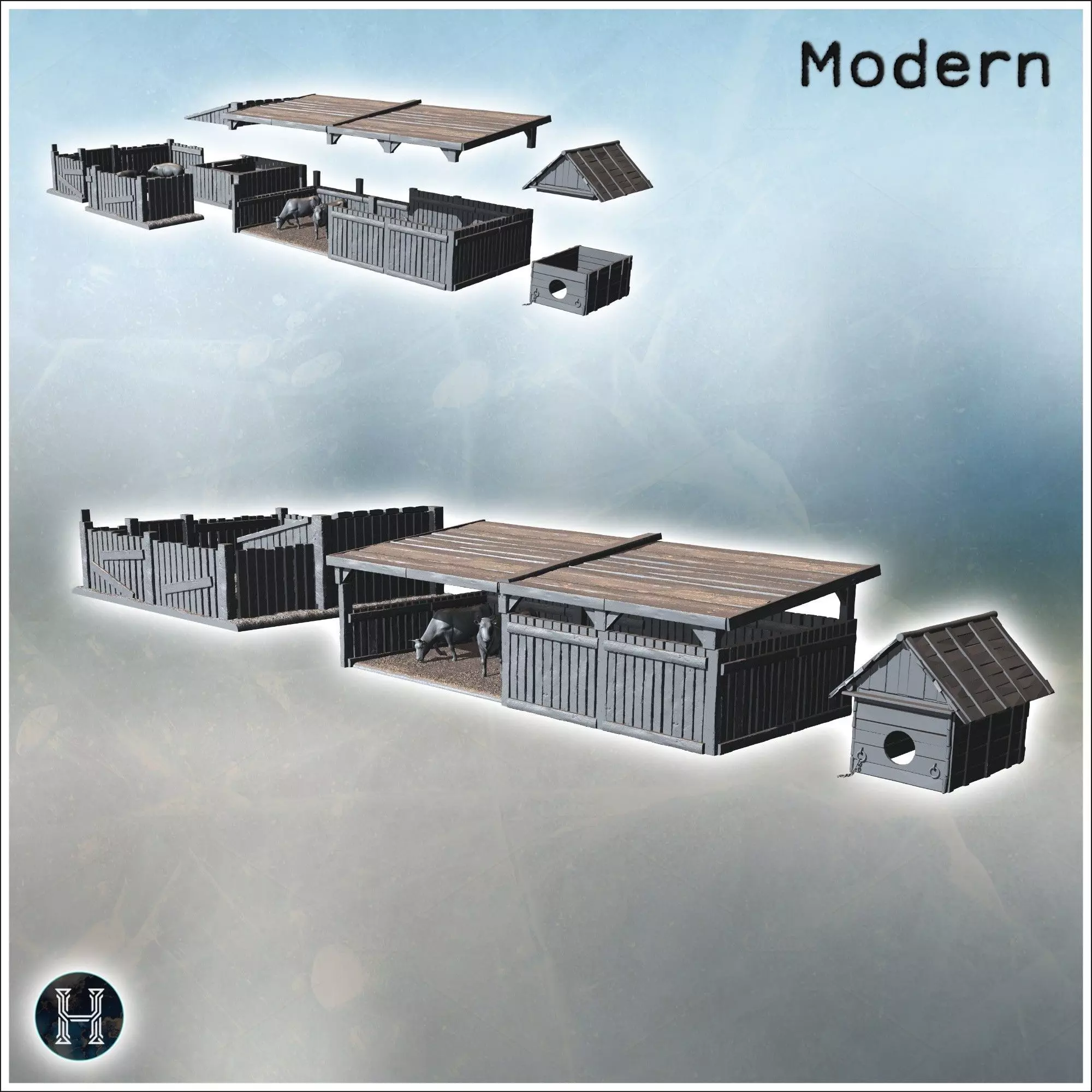 Wooden animal pens and shelters in a fenced area 6 - Modern WW2 3D print model_0