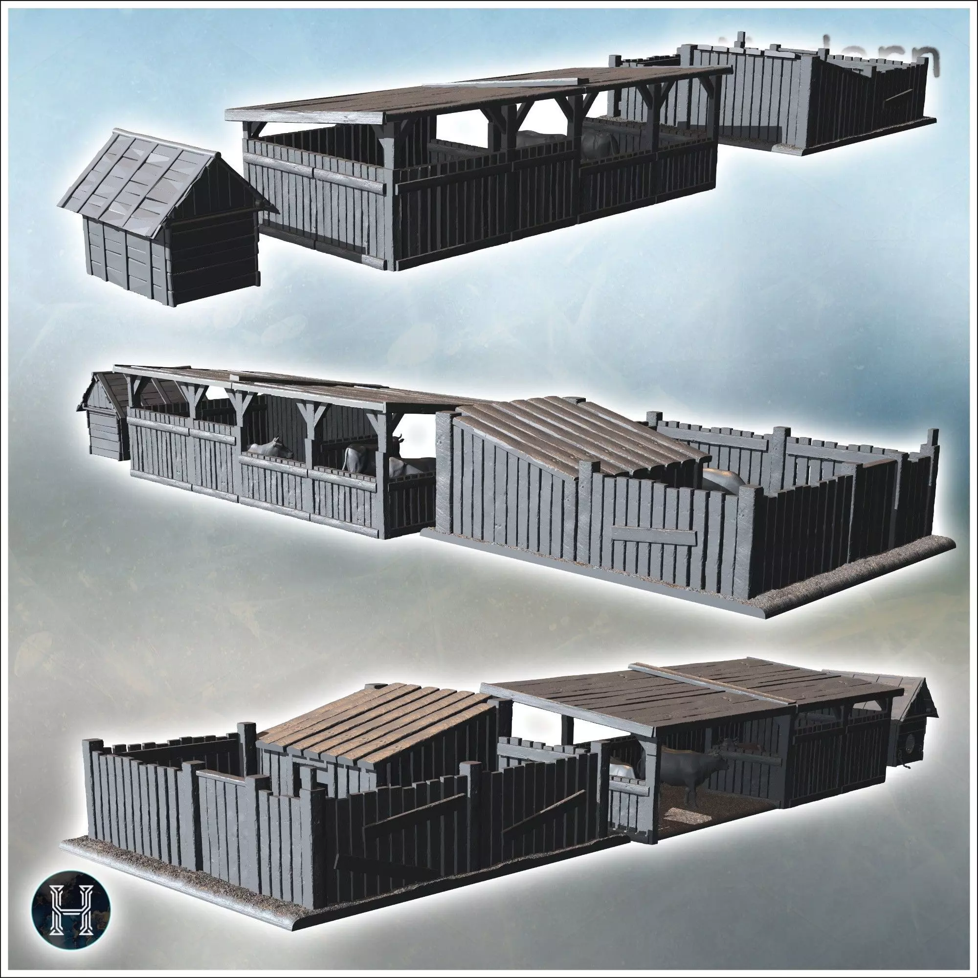 Wooden animal pens and shelters in a fenced area 6 - Modern WW2 3D print model_5