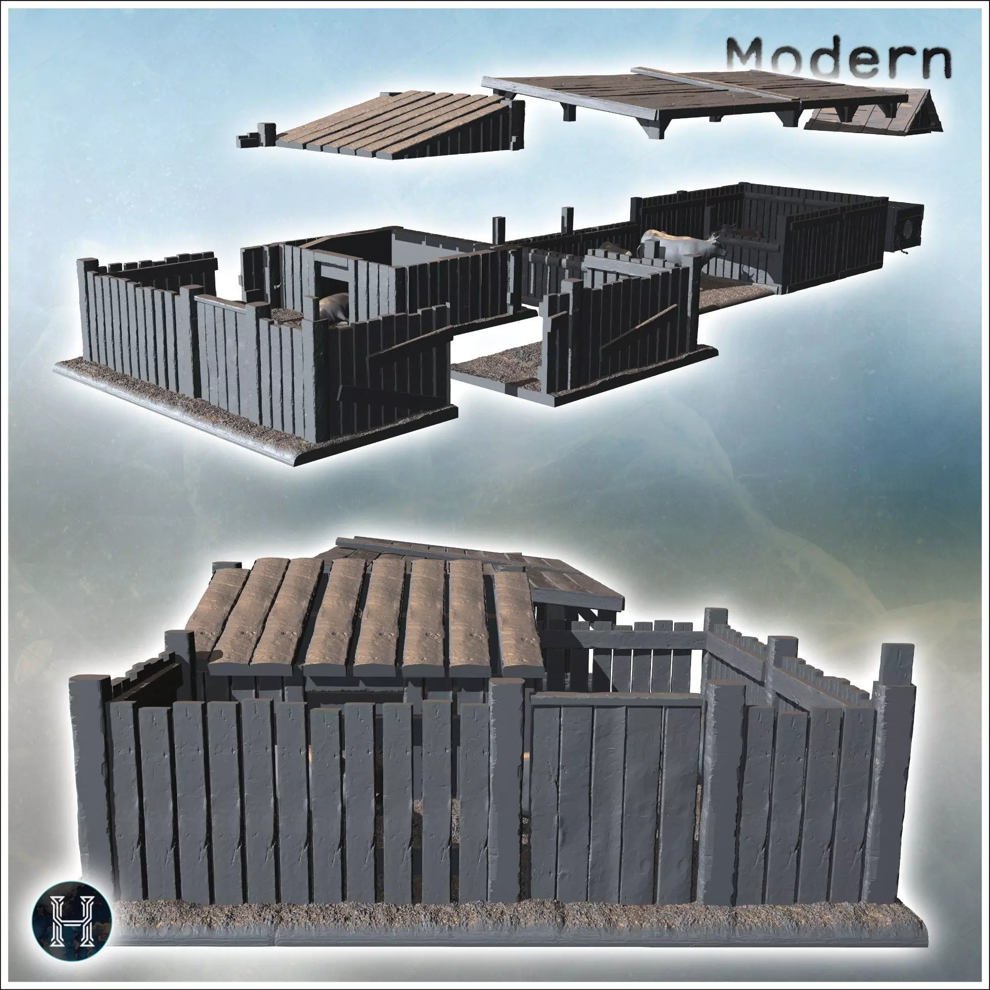 Wooden animal pens and shelters in a fenced area 6 - Modern WW2 3D print model_7