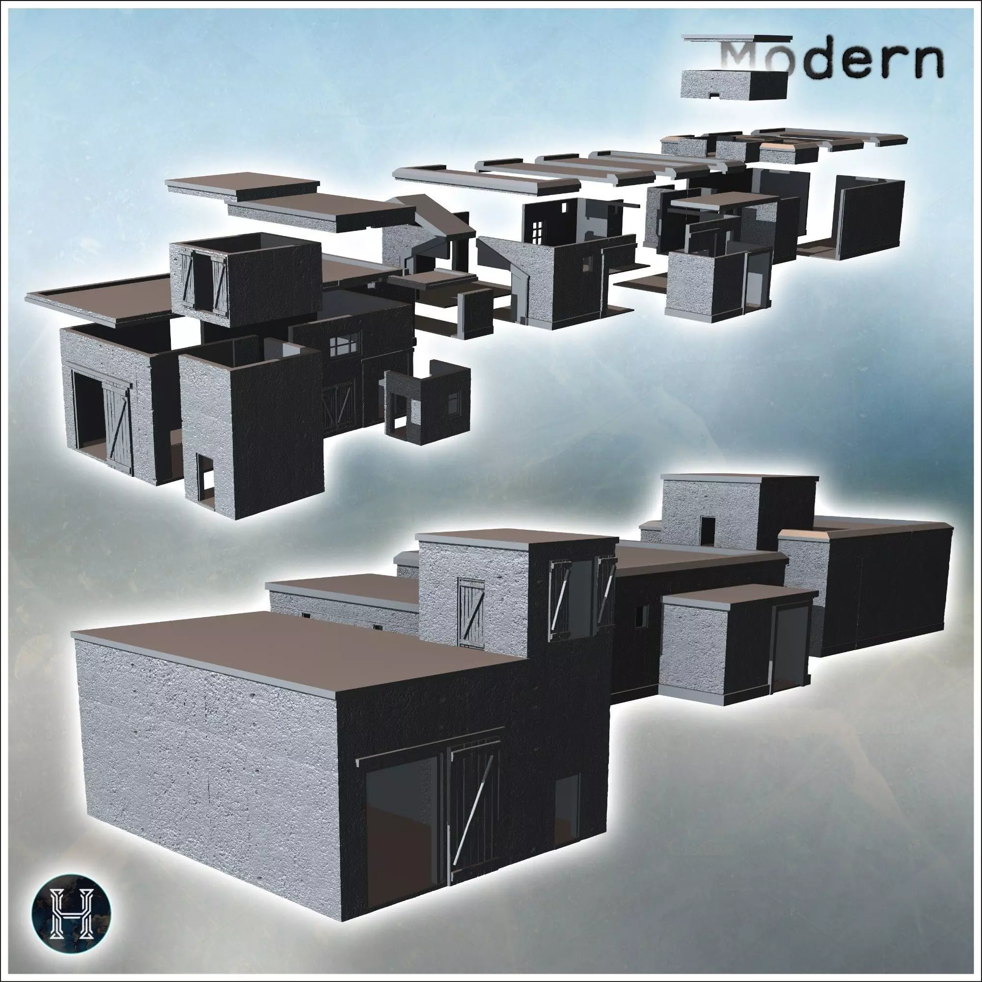 Series of modern blocky buildings with flat roofs and small wind 3D print model_2