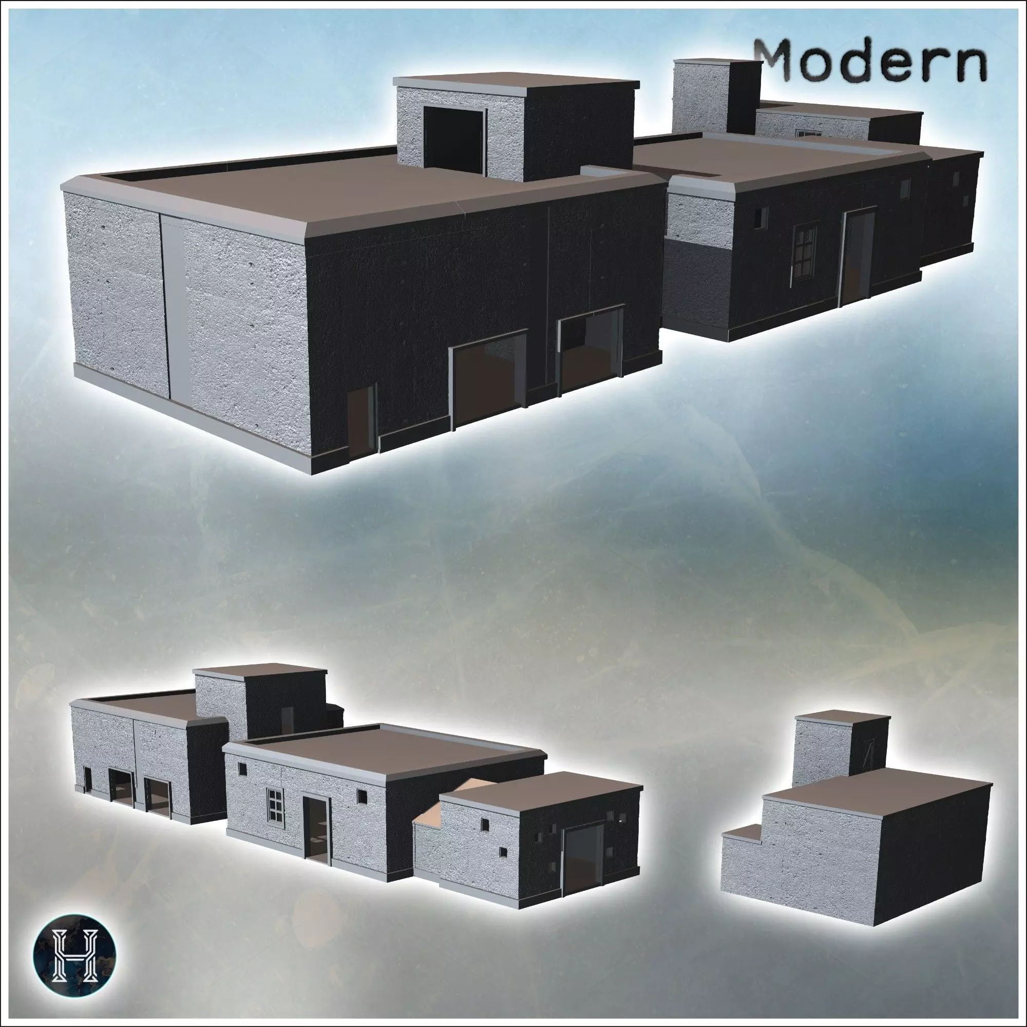 Series of modern blocky buildings with flat roofs and small wind 3D print model_5