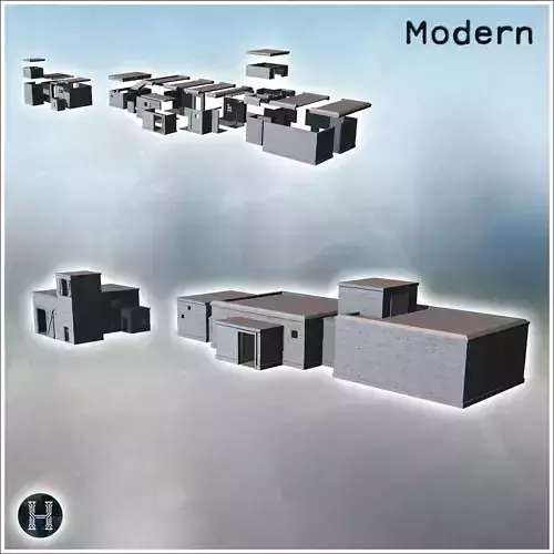 Series of modern blocky buildings with flat roofs and small wind