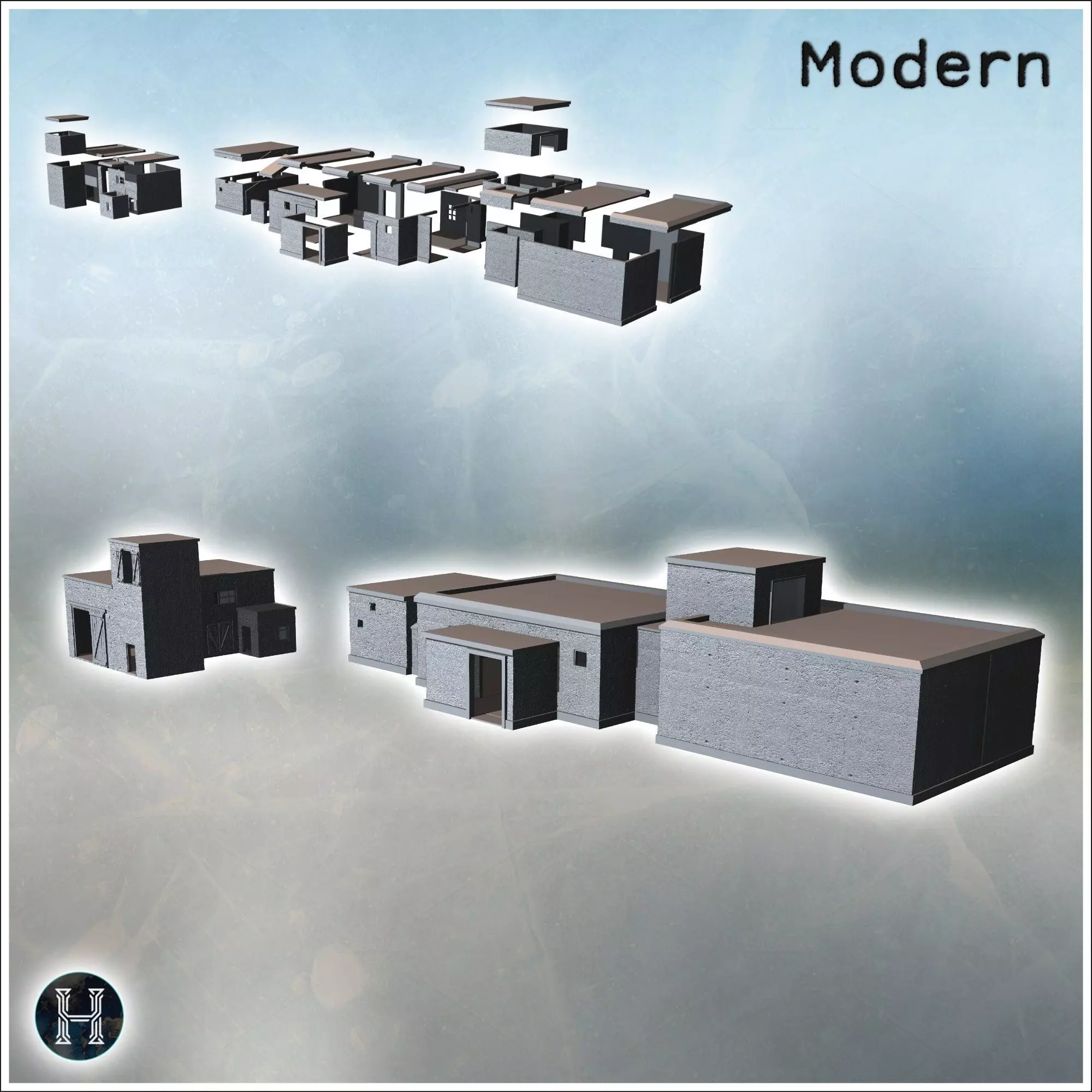 Series of modern blocky buildings with flat roofs and small wind 3D print model_0