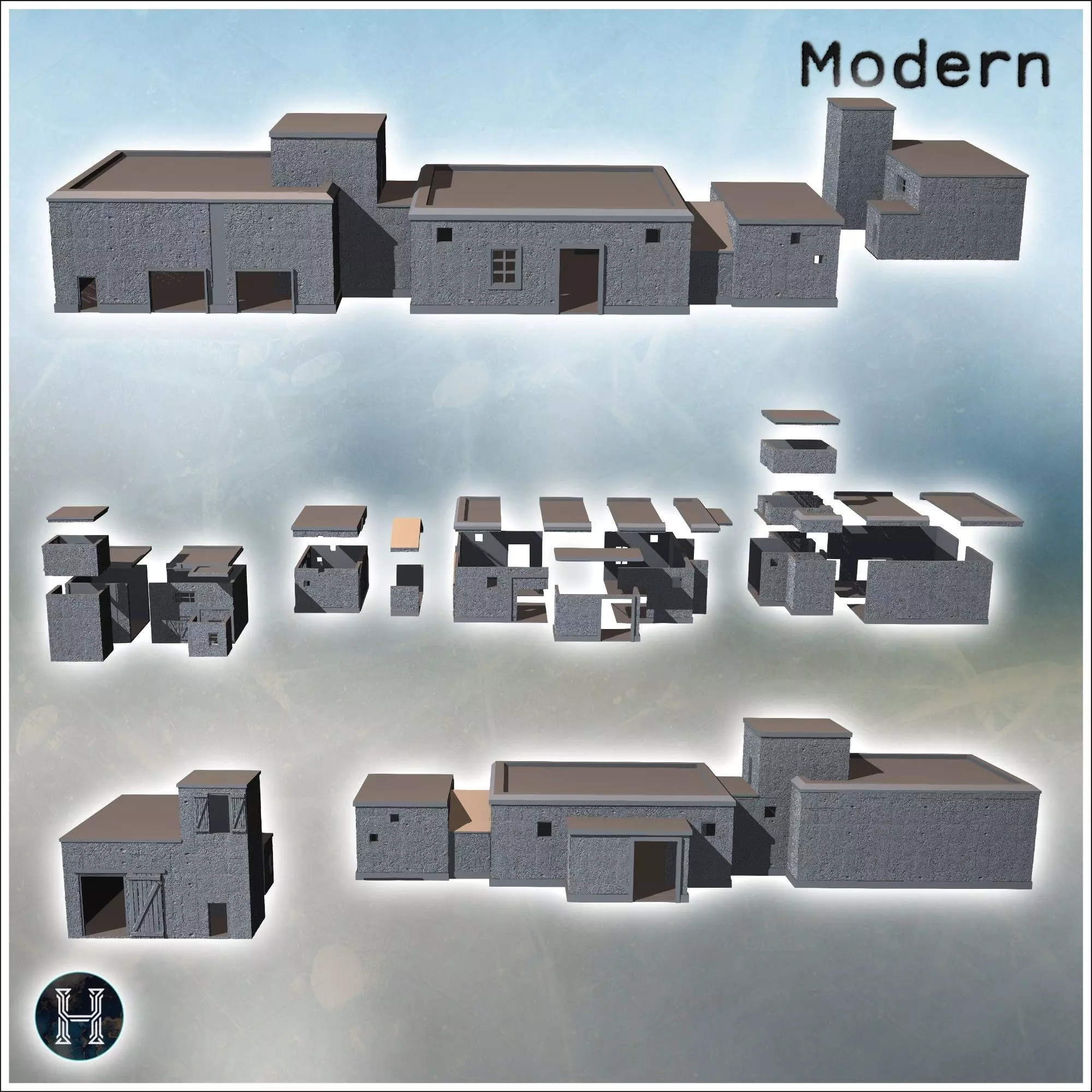 Series of modern blocky buildings with flat roofs and small wind 3D print model_1