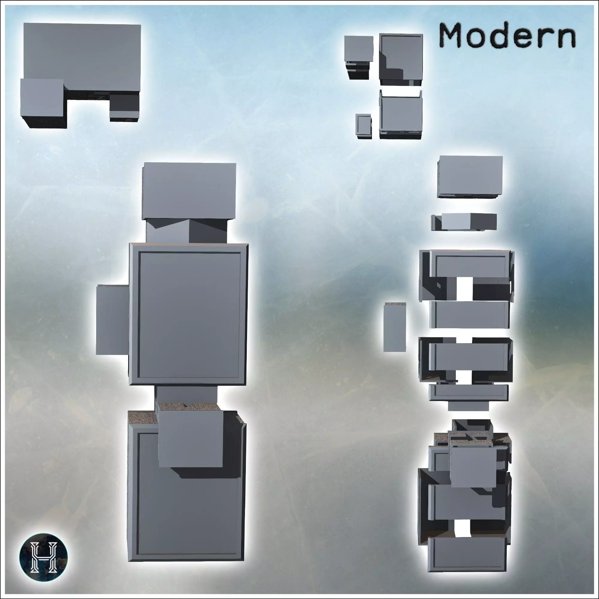 Series of modern blocky buildings with flat roofs and small wind 3D print model_4