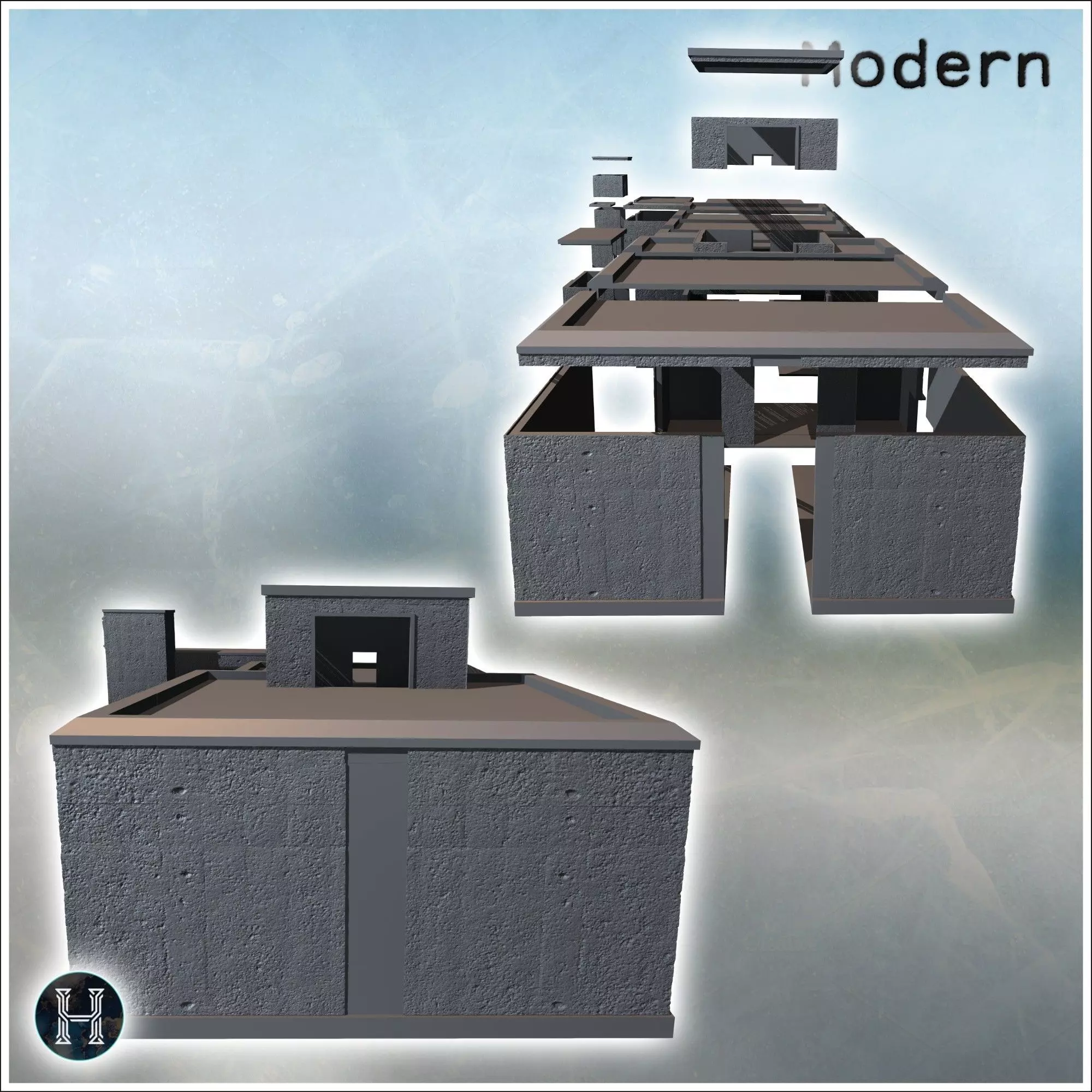Series of modern blocky buildings with flat roofs and small wind 3D print model_3