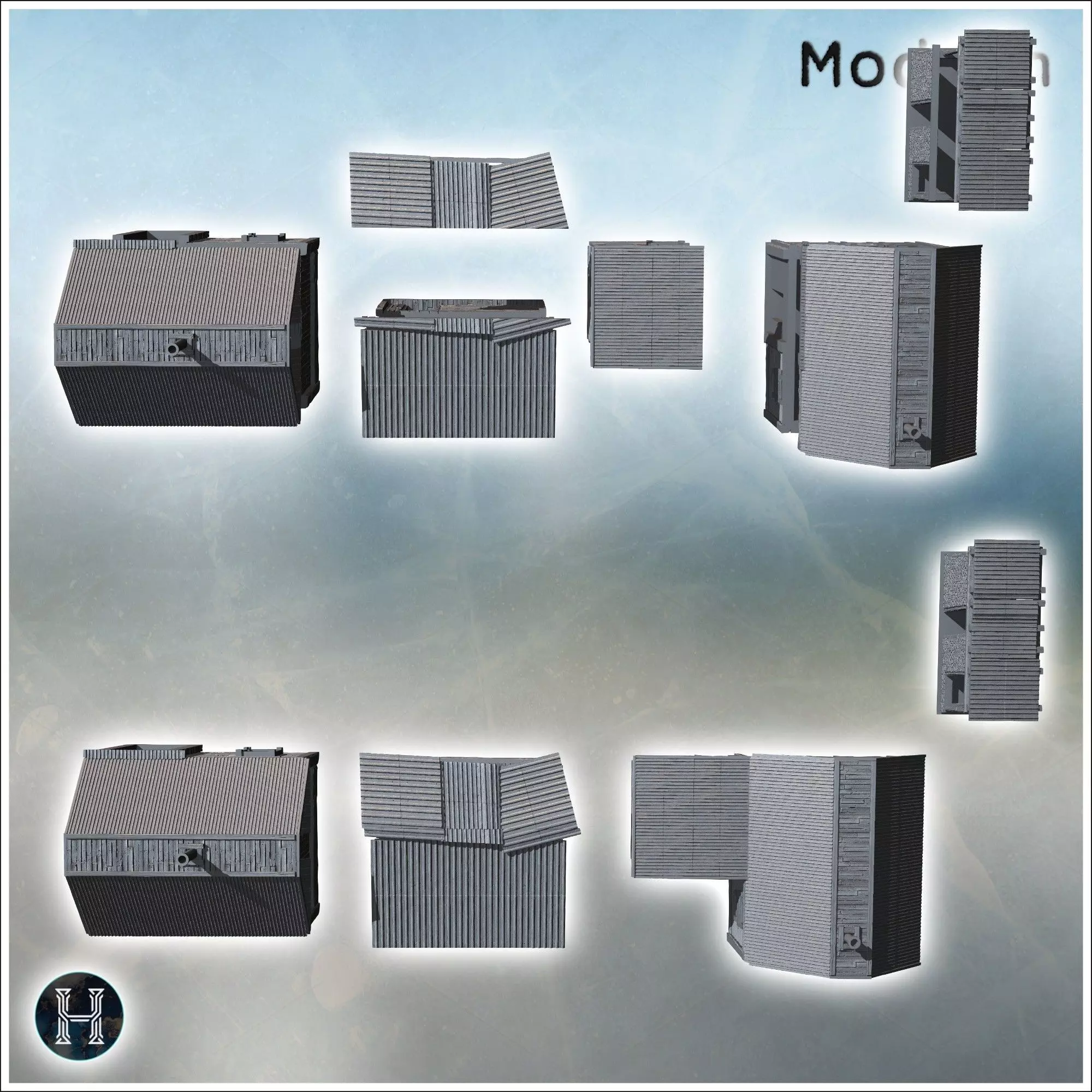 Simple wooden houses with porches metal and wooden structures in 3D print model_3