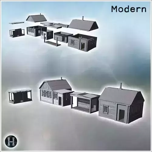 Simple wooden houses with porches metal and wooden structures in