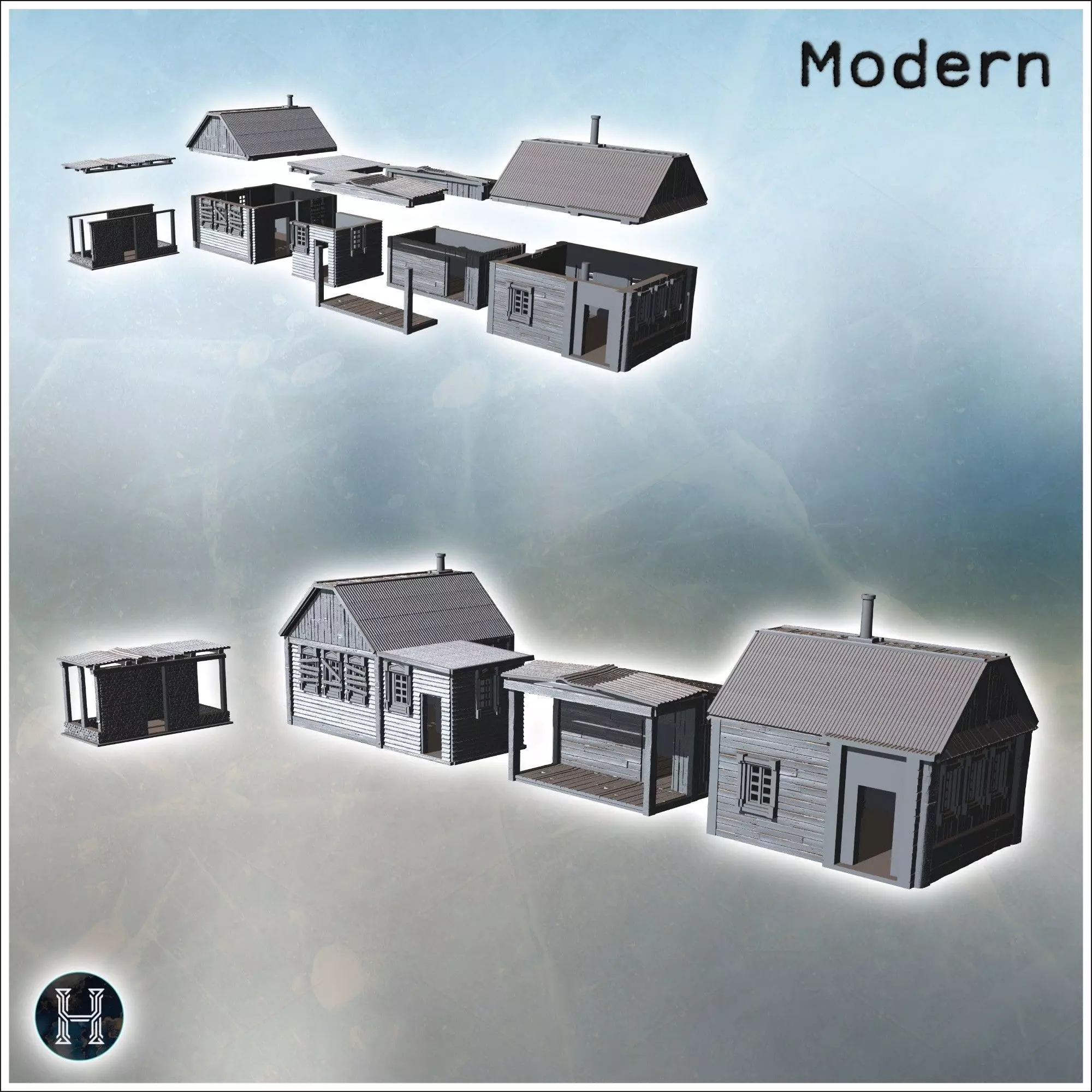 Simple wooden houses with porches metal and wooden structures in 3D print model_0