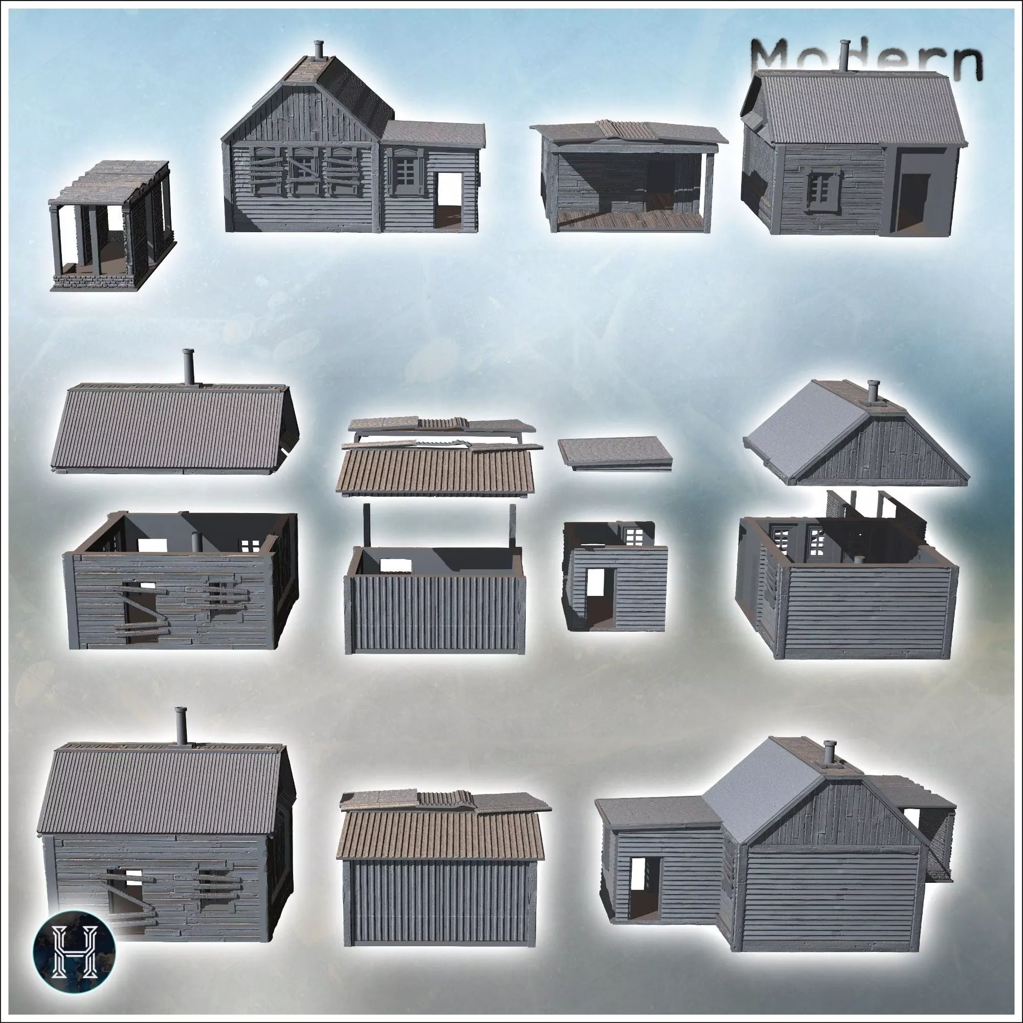 Simple wooden houses with porches metal and wooden structures in 3D print model_1