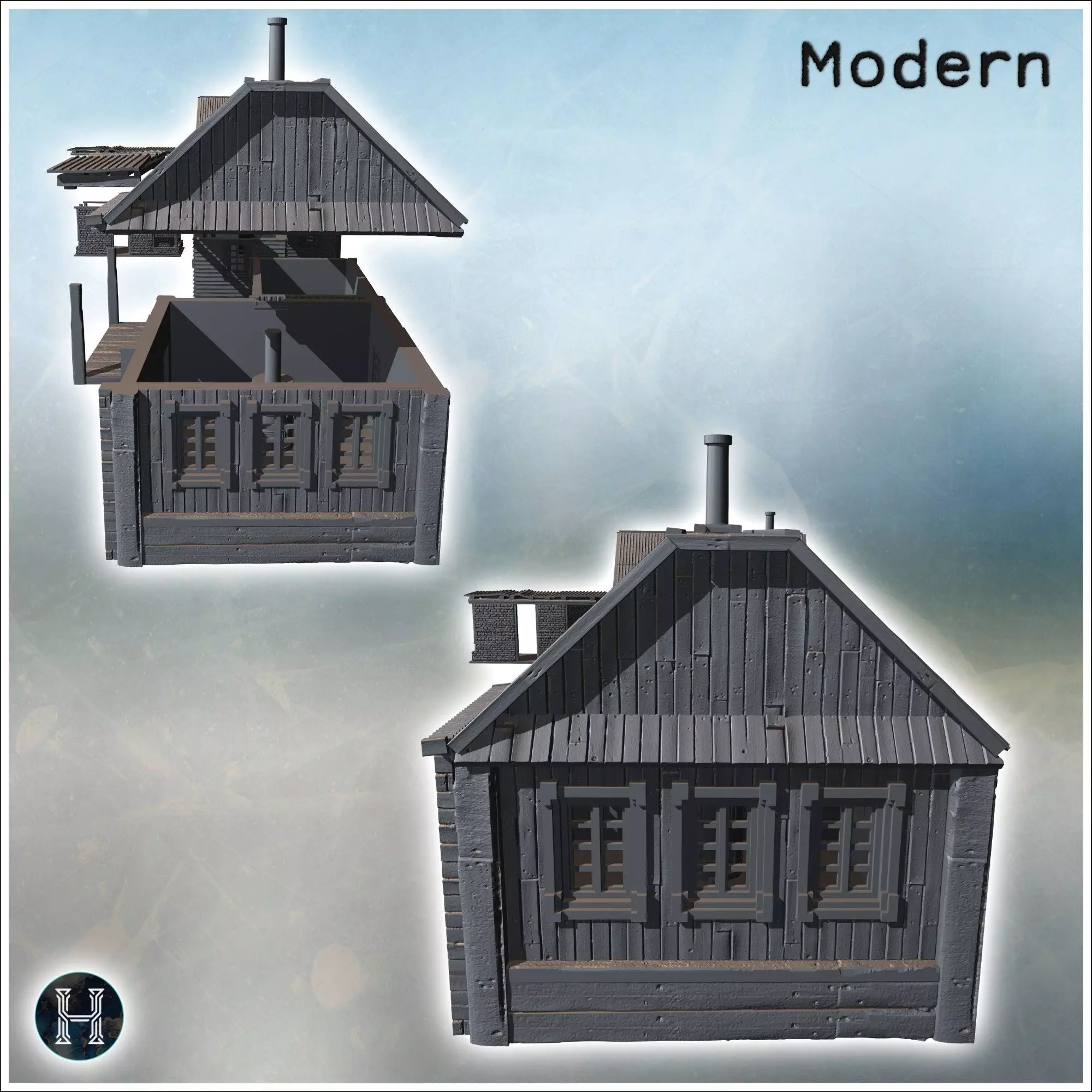 Simple wooden houses with porches metal and wooden structures in 3D print model_5