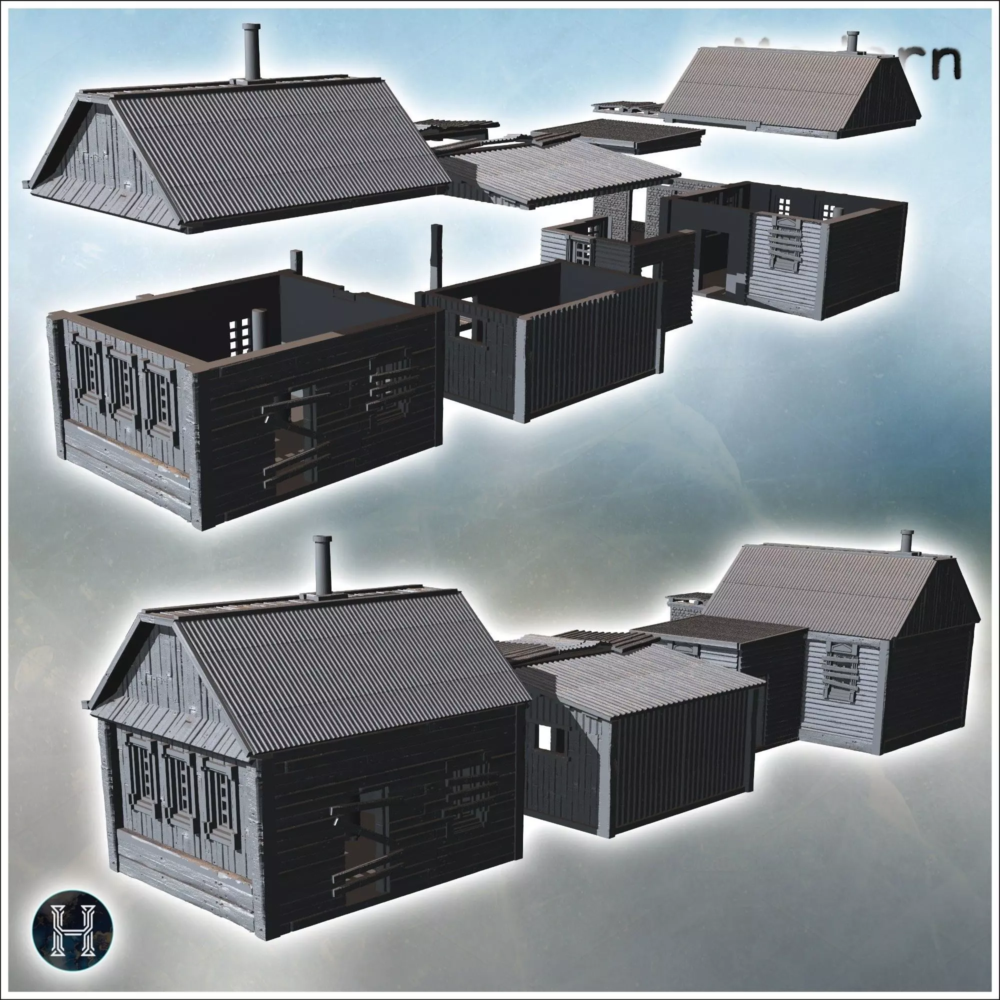 Simple wooden houses with porches metal and wooden structures in 3D print model_2