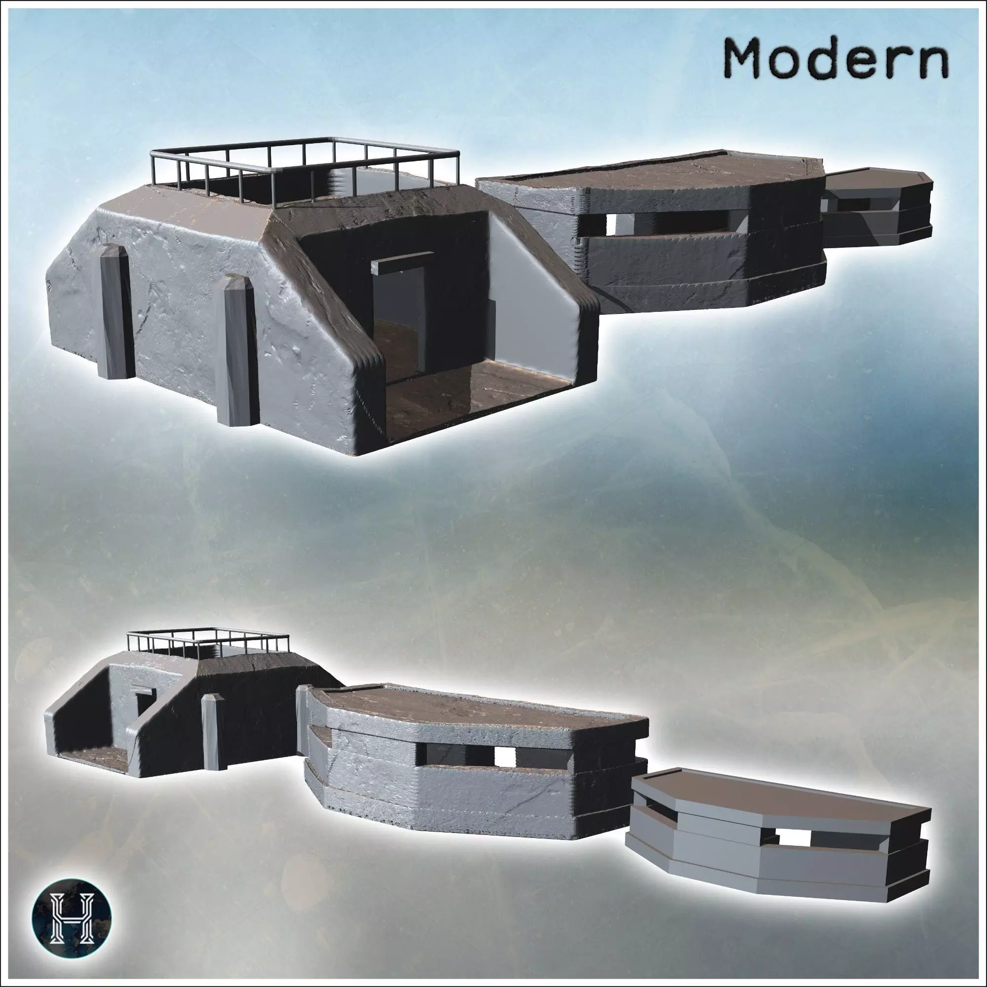 Three modern flat-roofed bunkers with reinforced walls featuring 3D print model_3