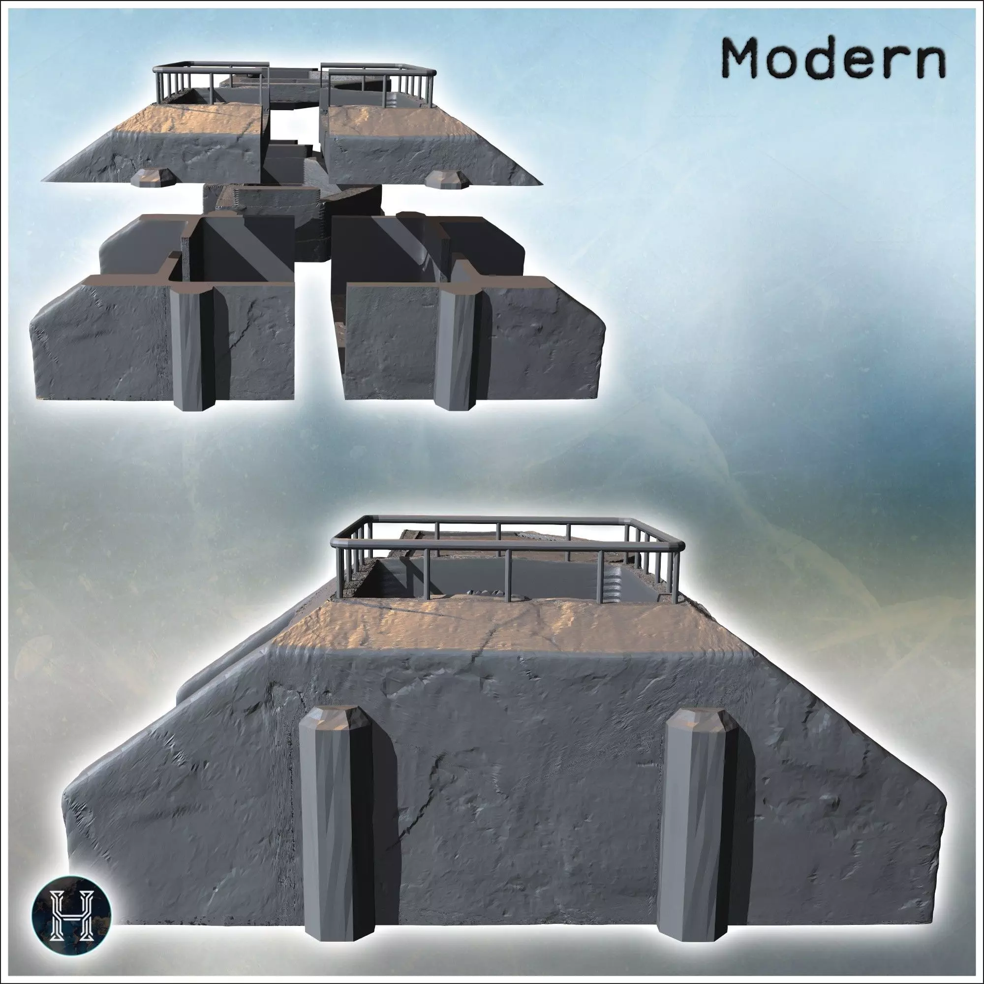 Three modern flat-roofed bunkers with reinforced walls featuring 3D print model_4