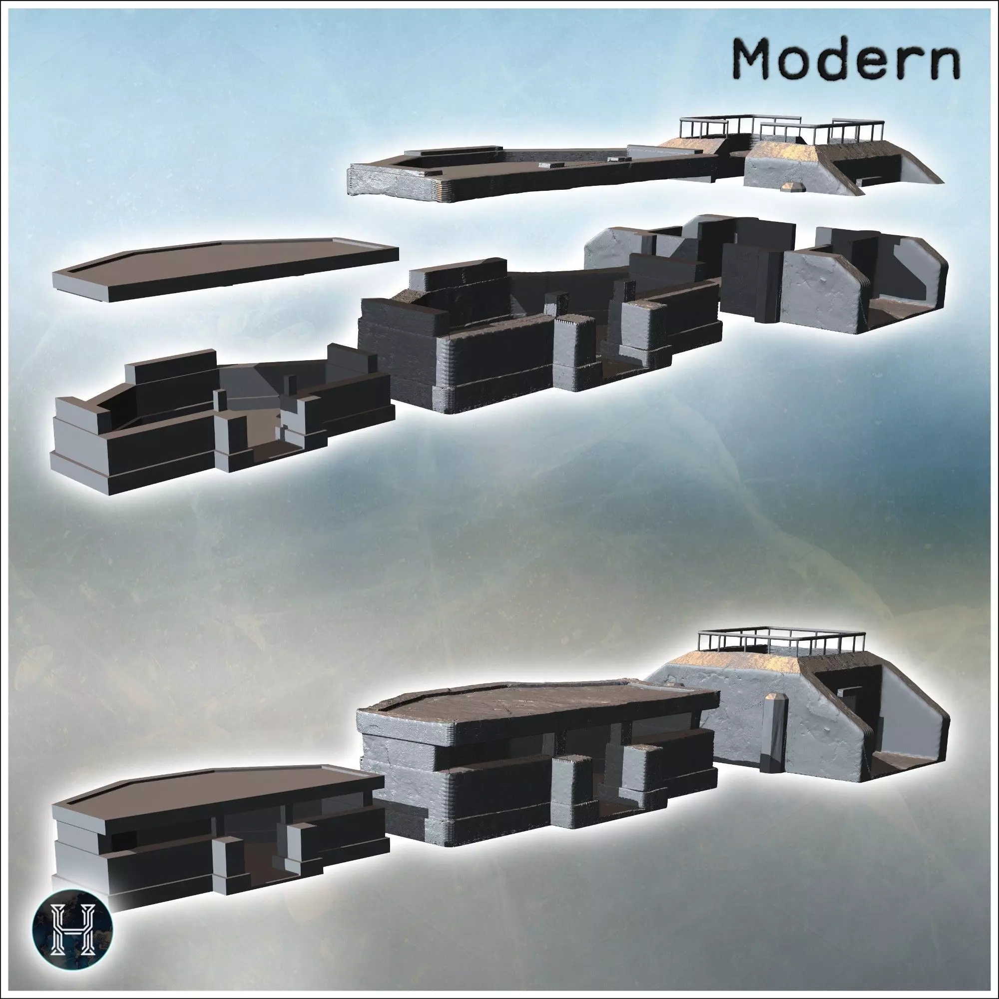 Three modern flat-roofed bunkers with reinforced walls featuring 3D print model_2