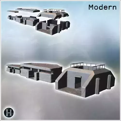 Three modern flat-roofed bunkers with reinforced walls featuring