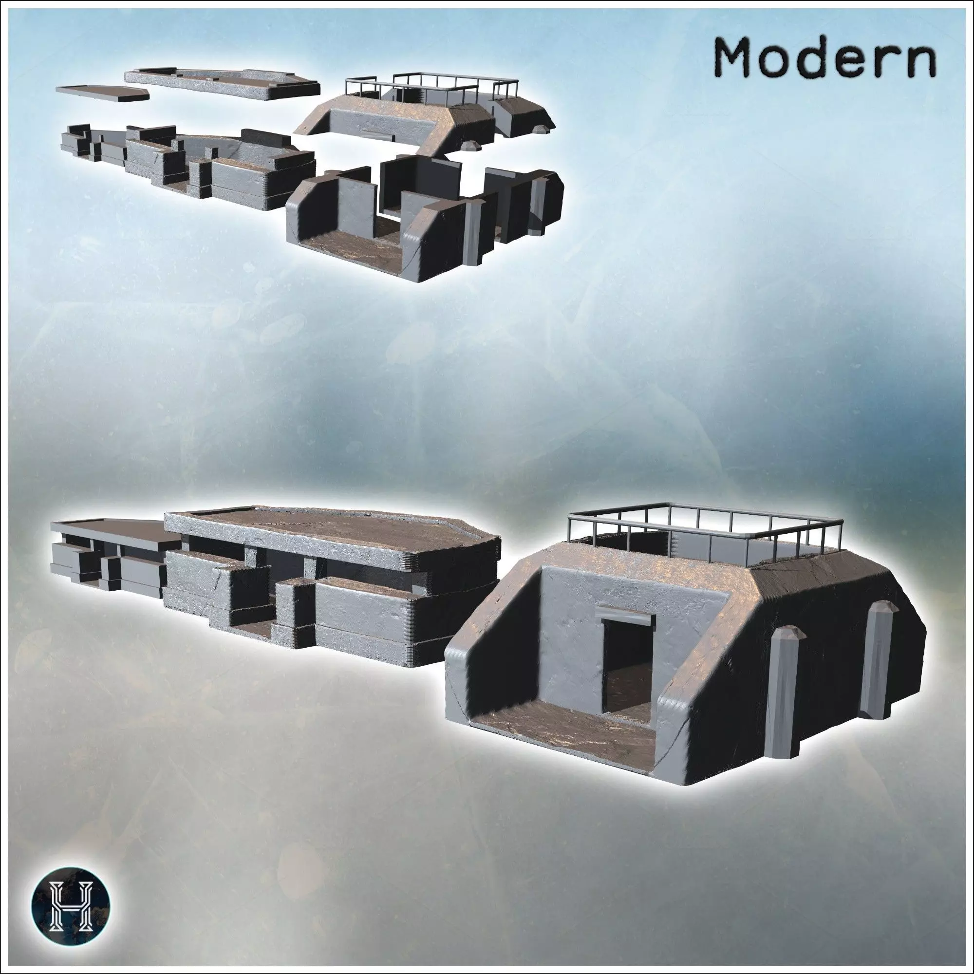 Three modern flat-roofed bunkers with reinforced walls featuring 3D print model_0