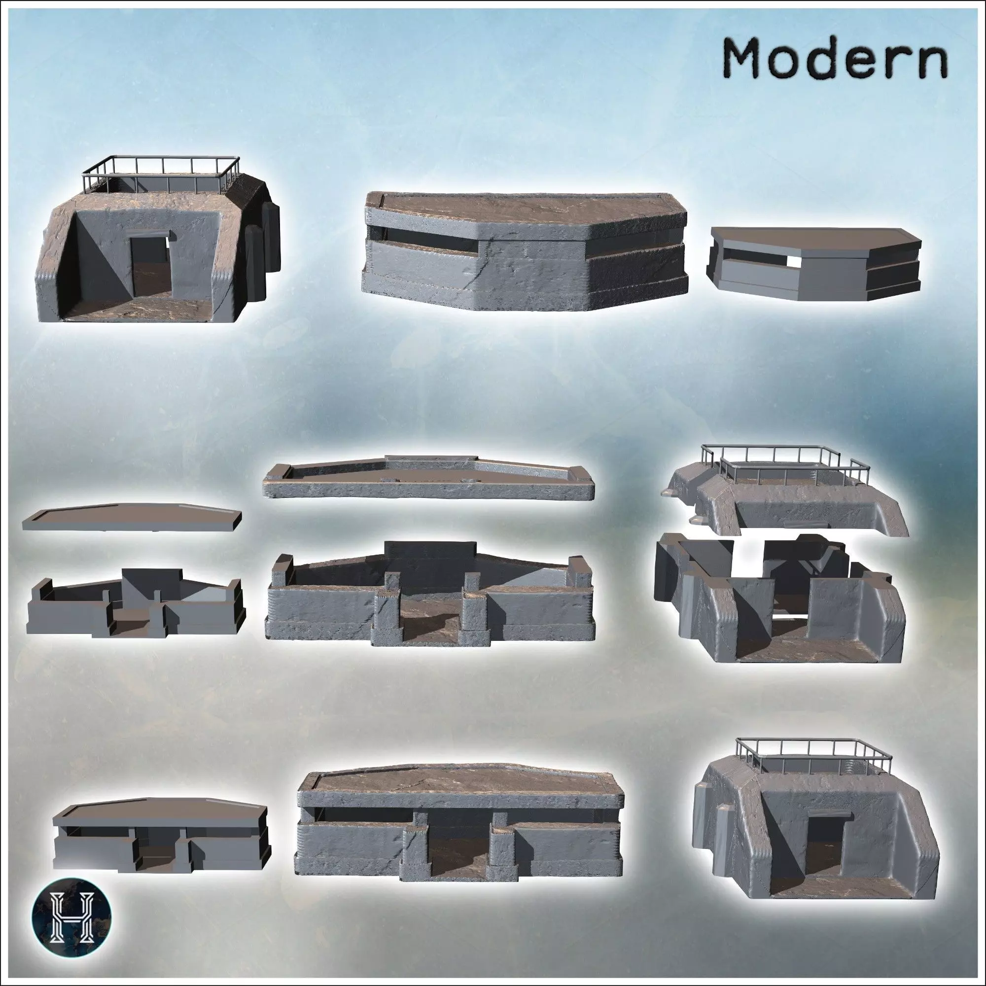 Three modern flat-roofed bunkers with reinforced walls featuring 3D print model_1