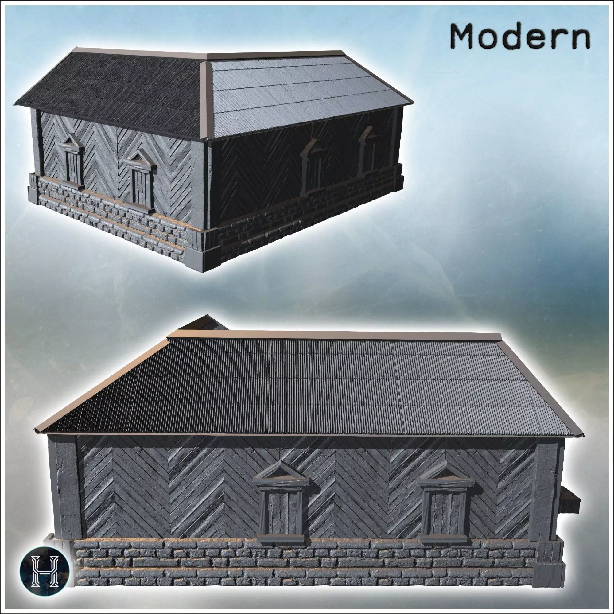 Large wooden building with a stone foundation steps leading to t 3D print model_4