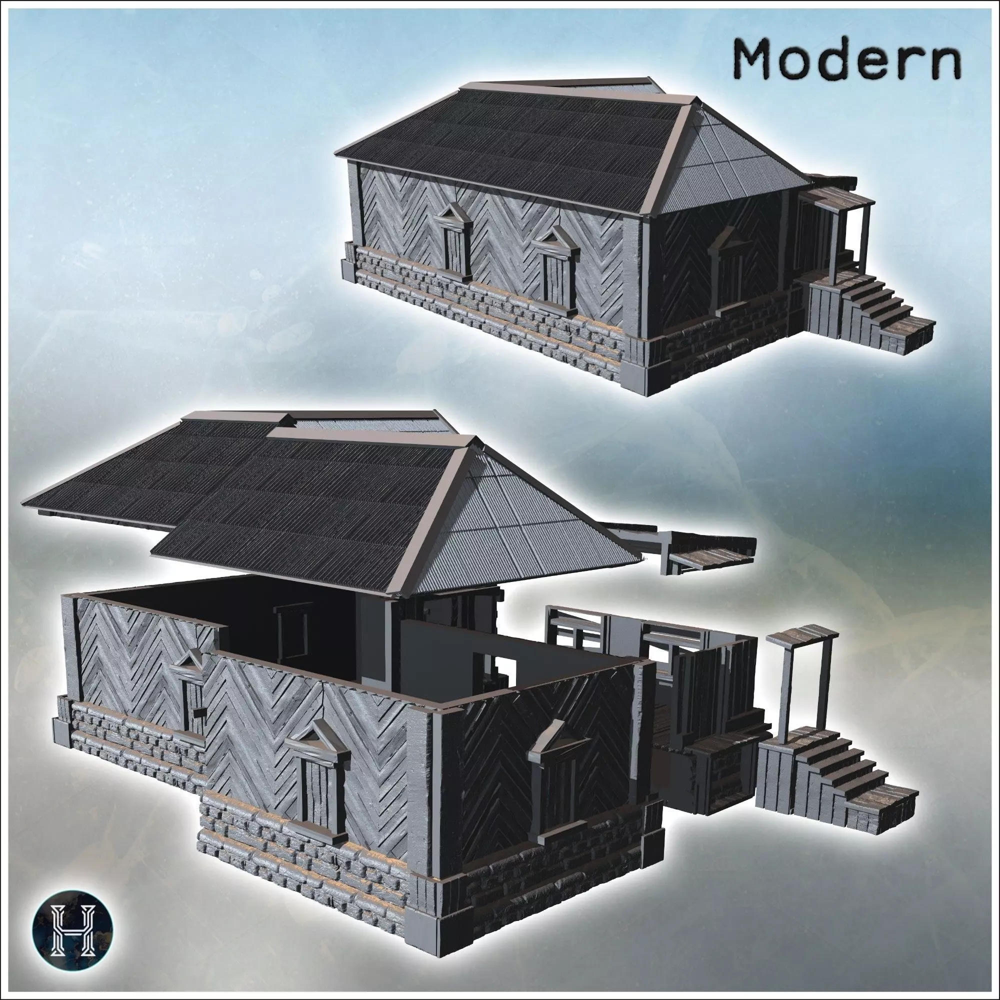 Large wooden building with a stone foundation steps leading to t 3D print model_3