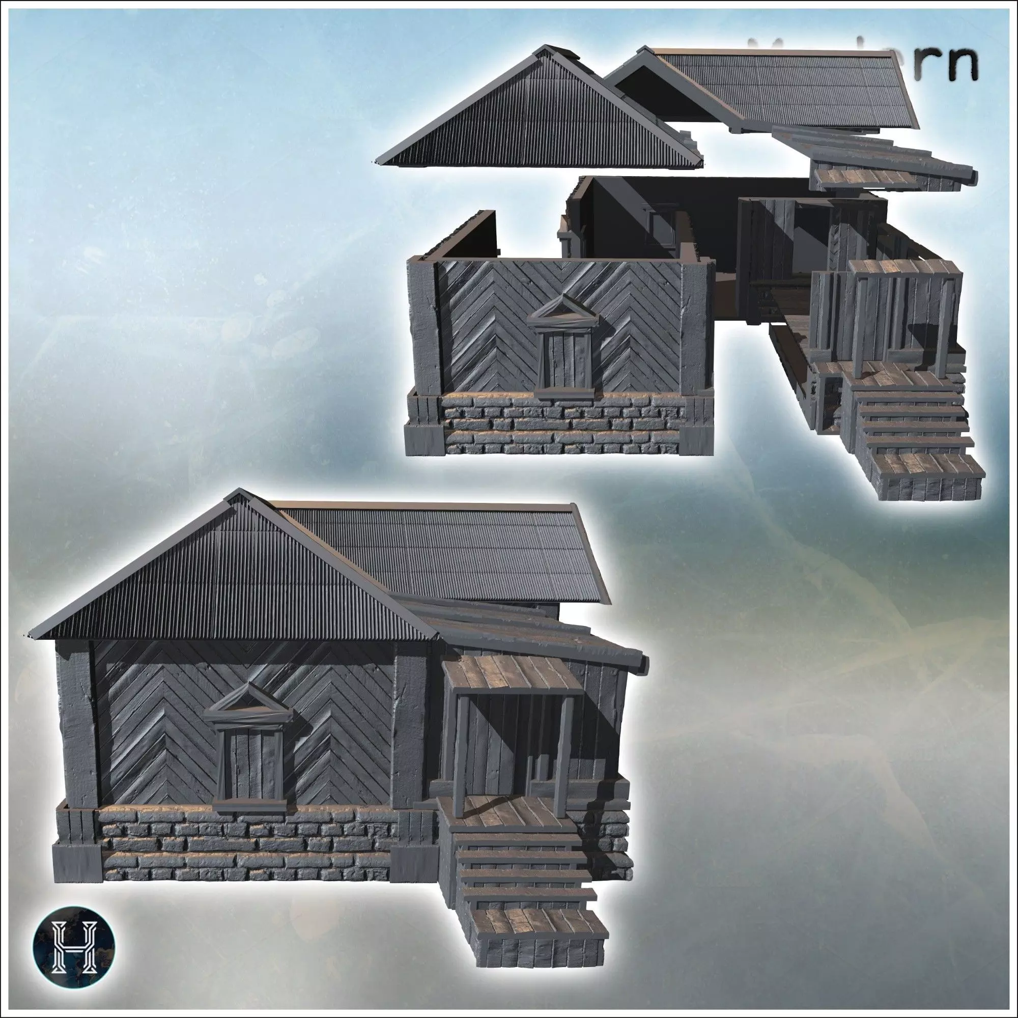 Large wooden building with a stone foundation steps leading to t 3D print model_2