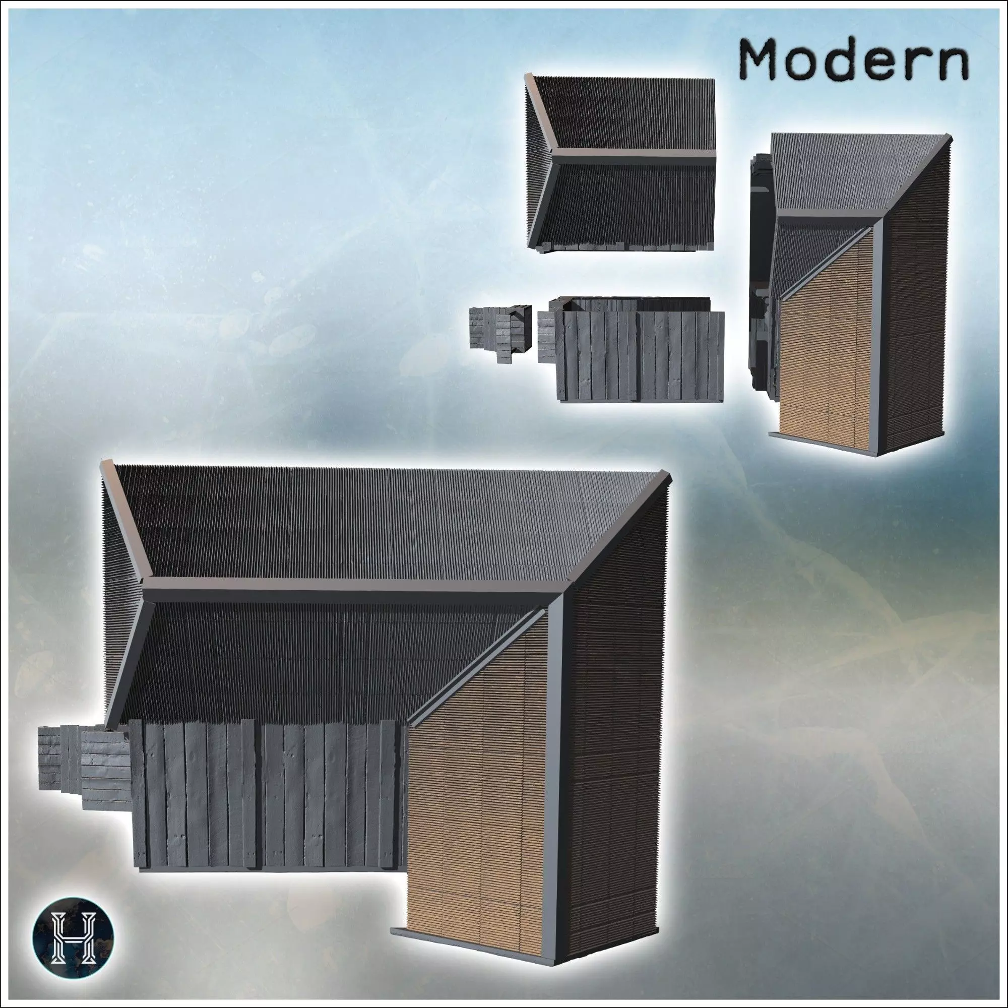 Large wooden building with a stone foundation steps leading to t 3D print model_6