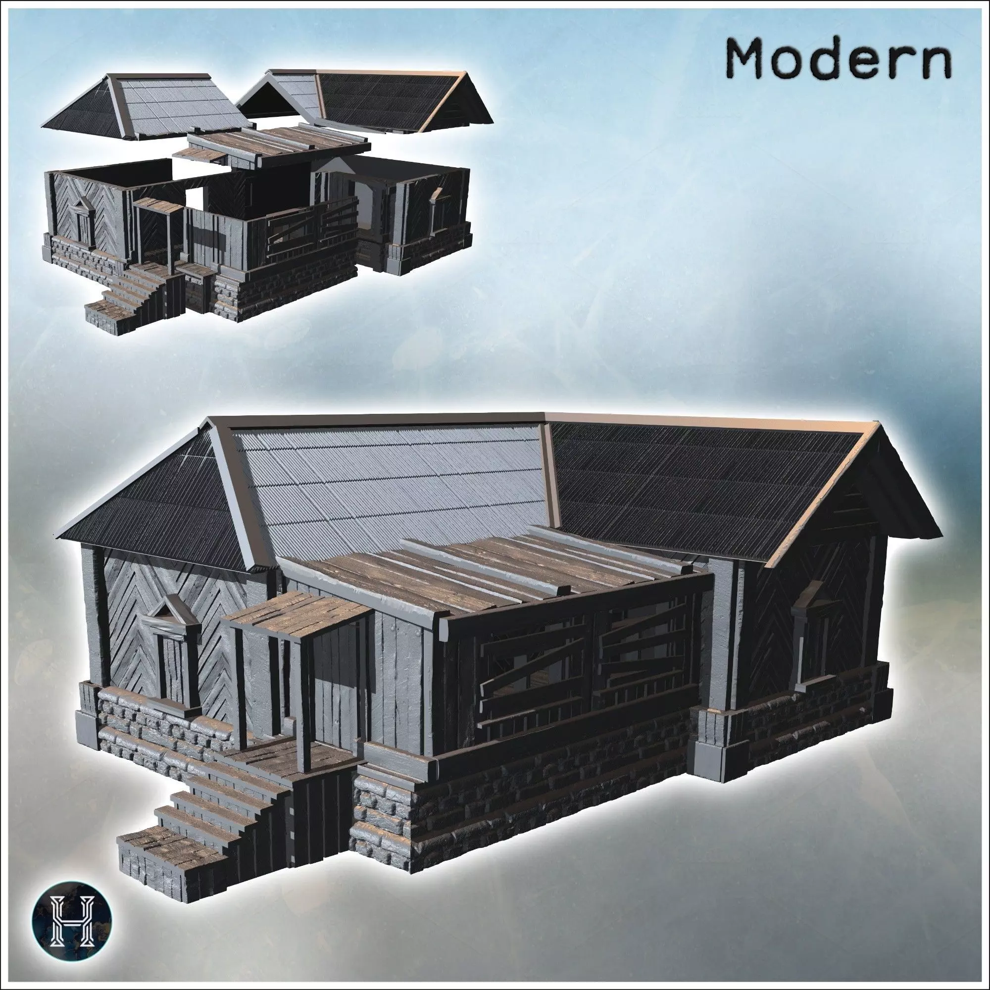 Large wooden building with a stone foundation steps leading to t 3D print model_0
