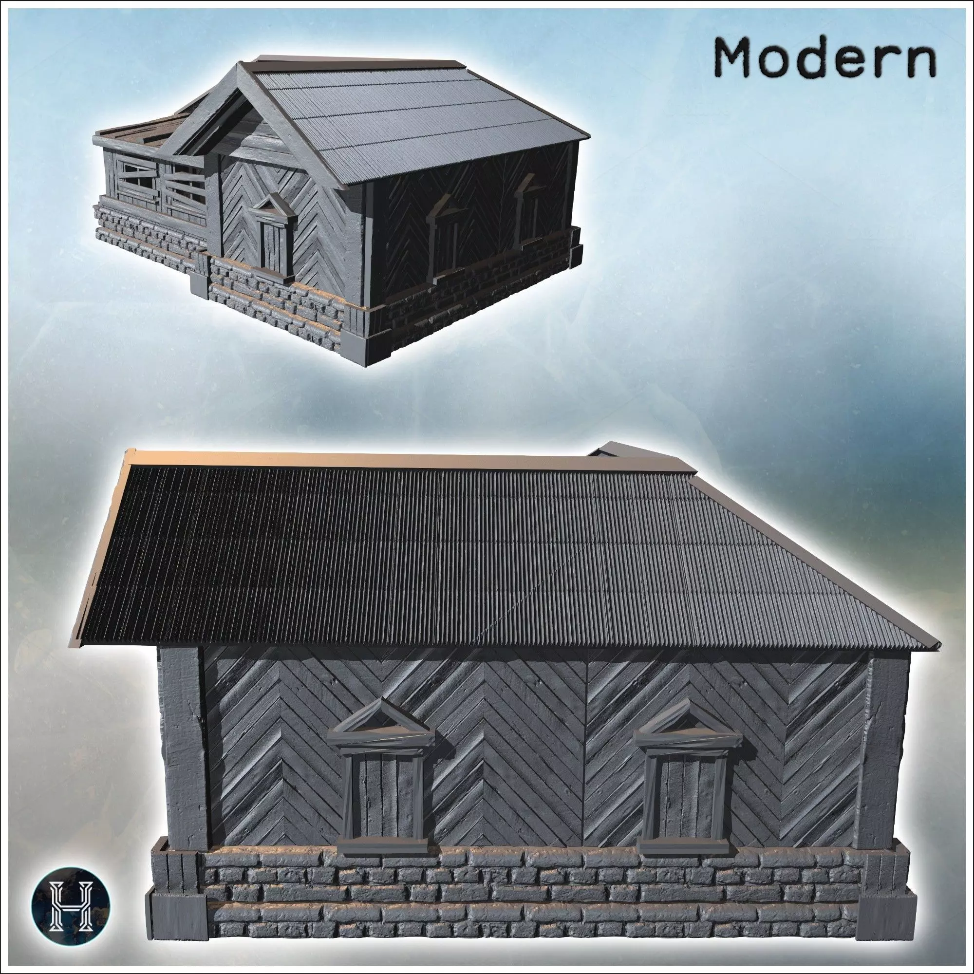 Large wooden building with a stone foundation steps leading to t 3D print model_5