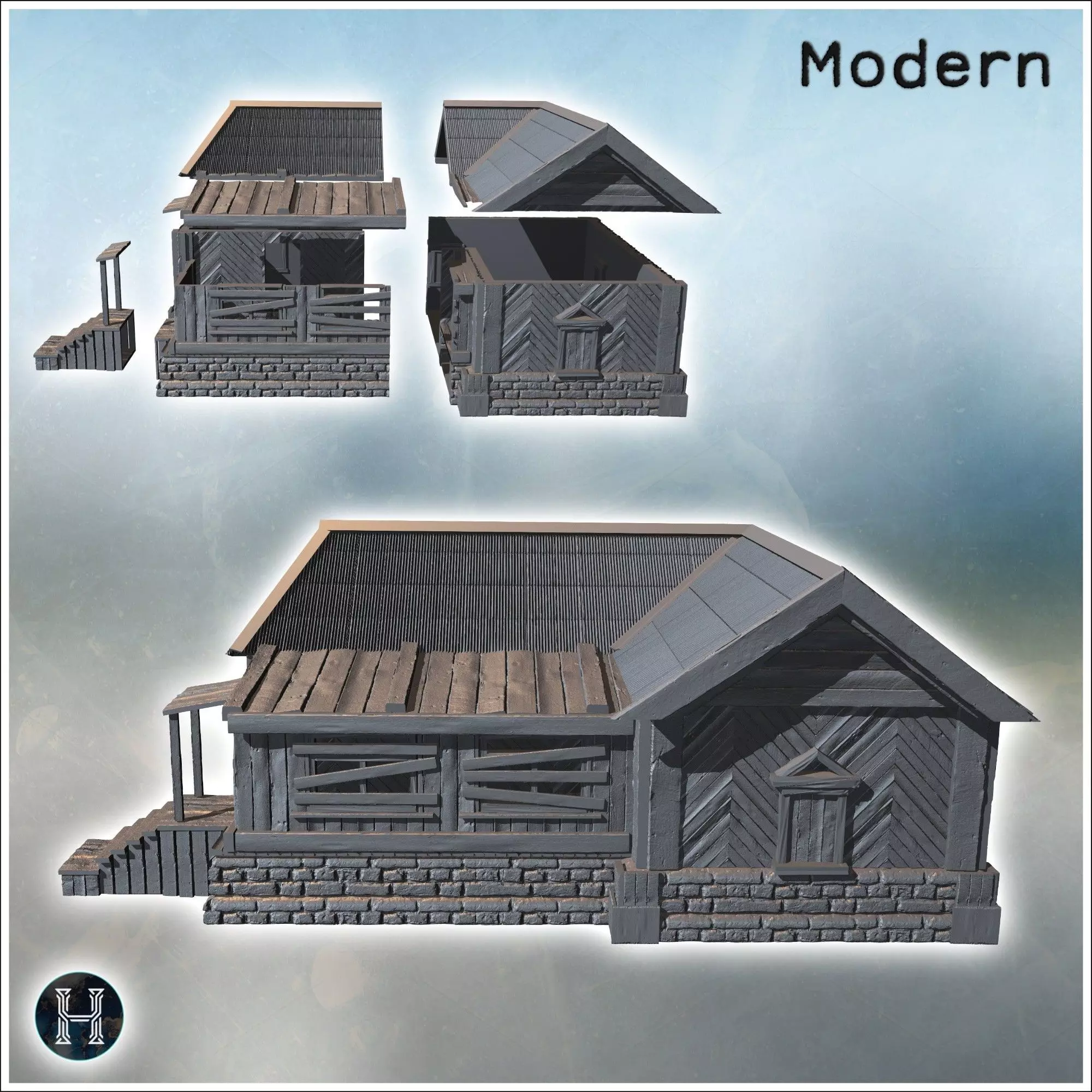Large wooden building with a stone foundation steps leading to t 3D print model_1