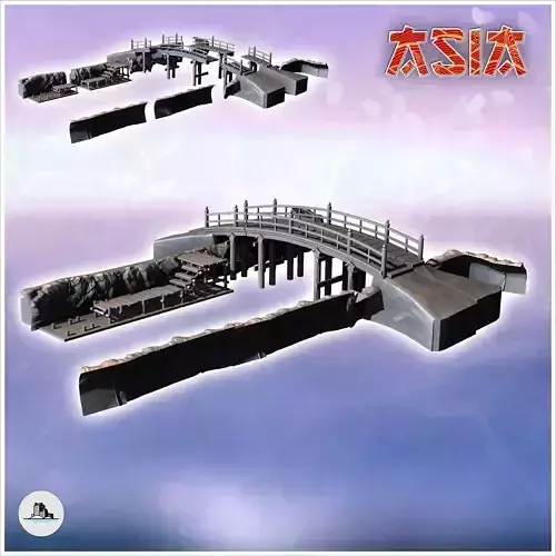 Asian wooden bridge set with modular dock and riverbanks 2 - Asi