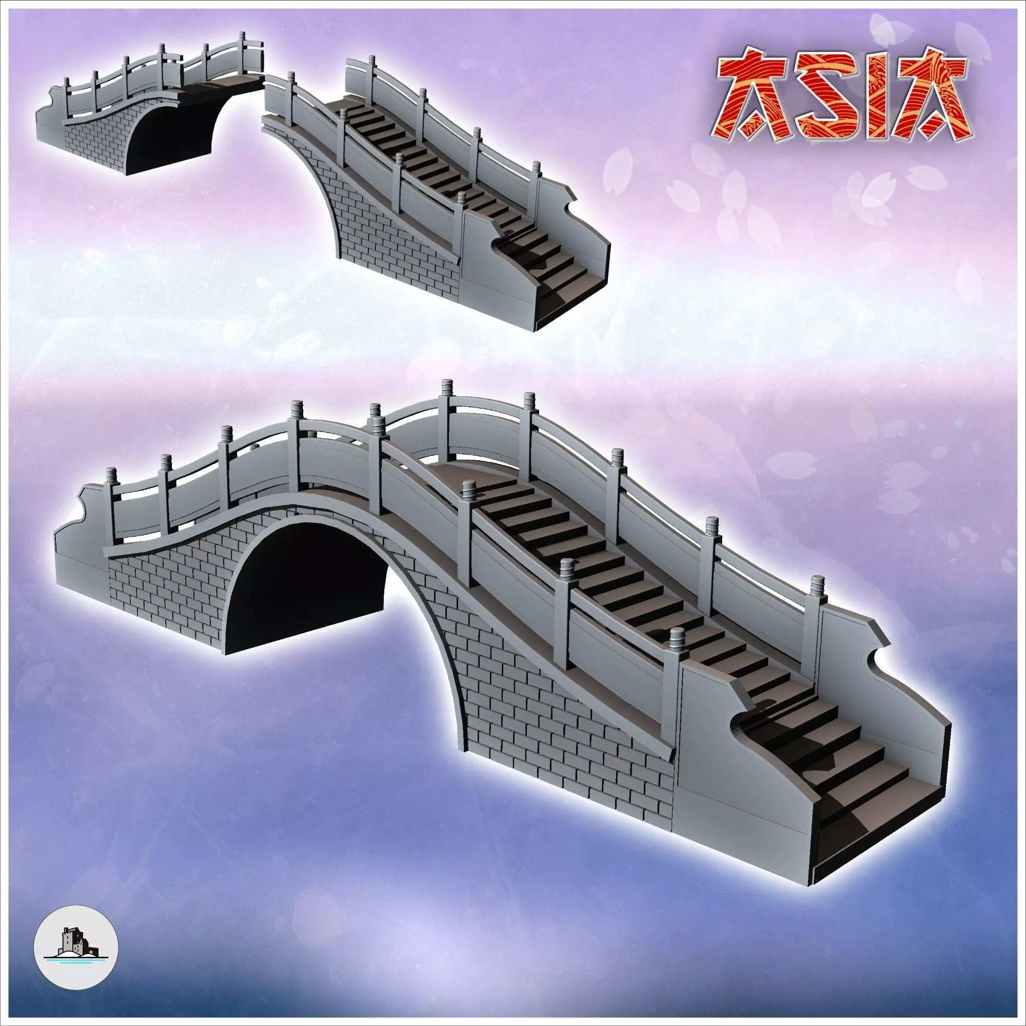 Asian brick bridge with wooden railing and stair steps 4 - Asian 3D print model_0