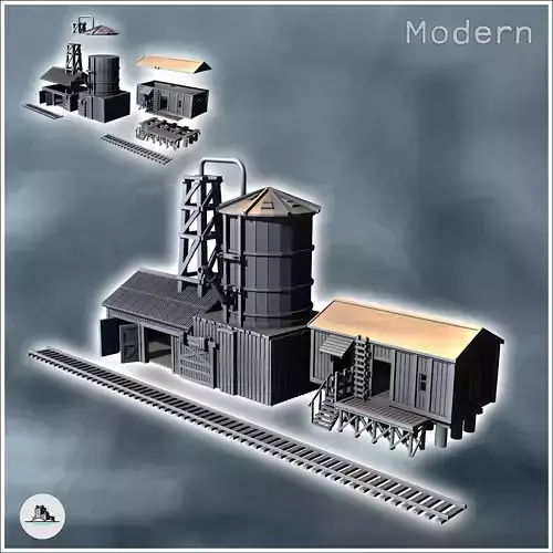 Modern industrial station with warehouse buildings and large pip