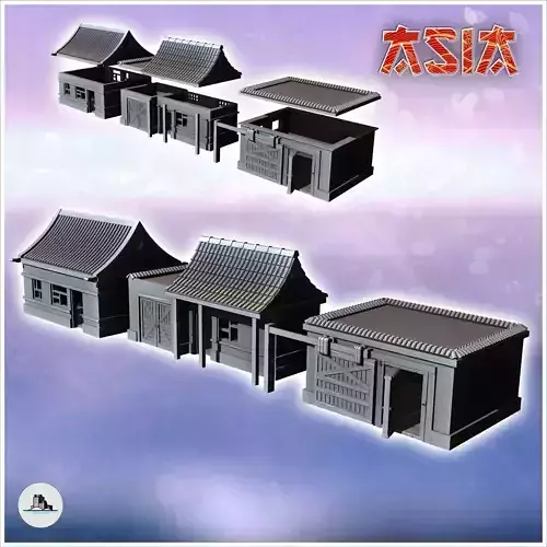 Set of three Asian wooden houses with curved tile roof 2 - Asian