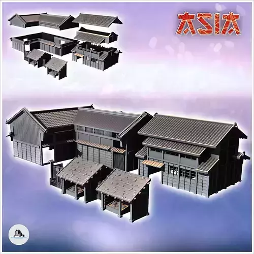 Set of two large Asian tiled roofed buildings with two market st
