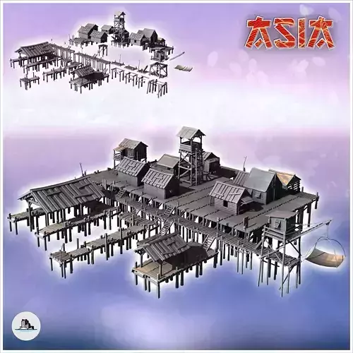 Large Asian riverside village set with wooden houses and tower 1