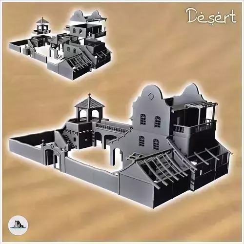 Oriental building with balcony perimeter wall and corner tower 1