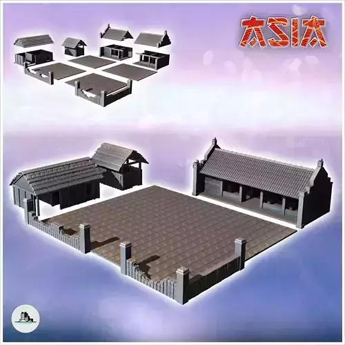 Set of two Asian buildings with large paved courtyard and stone 