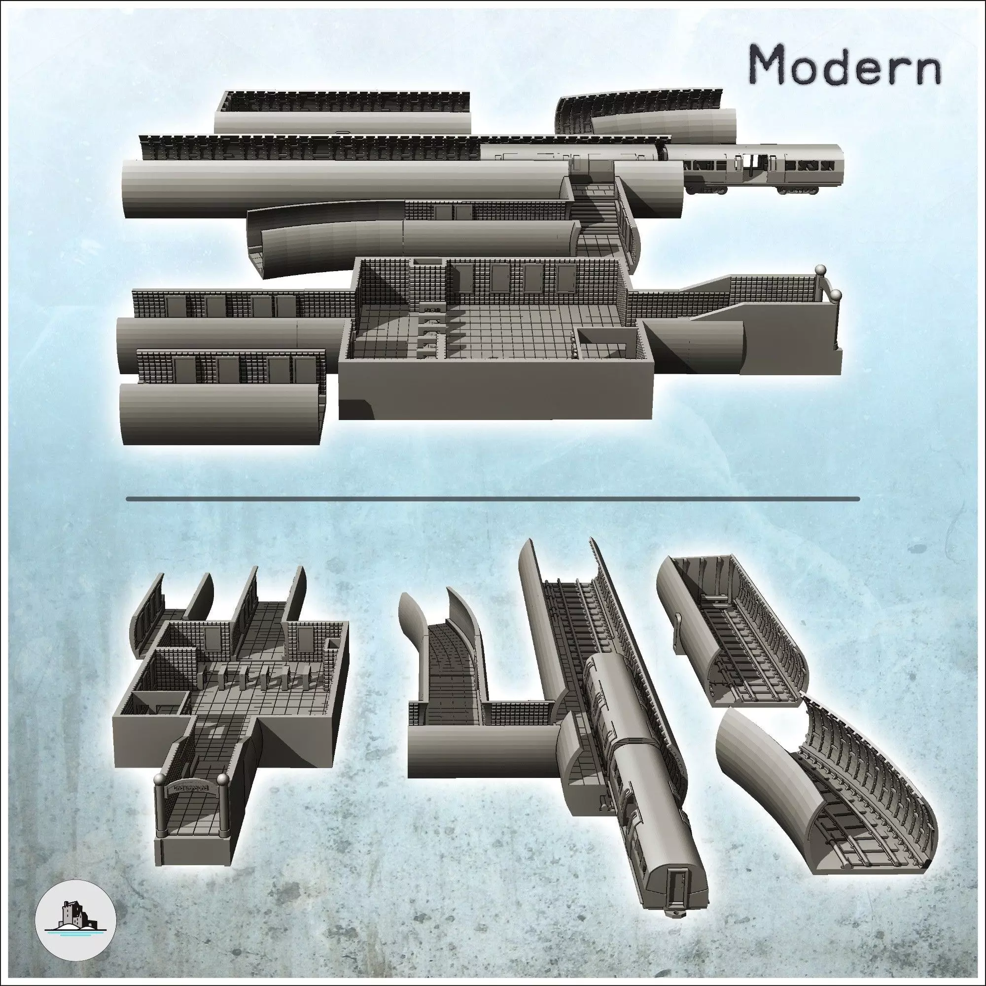 Modular set of underground subway network with tunnels and acces 3D print model_2