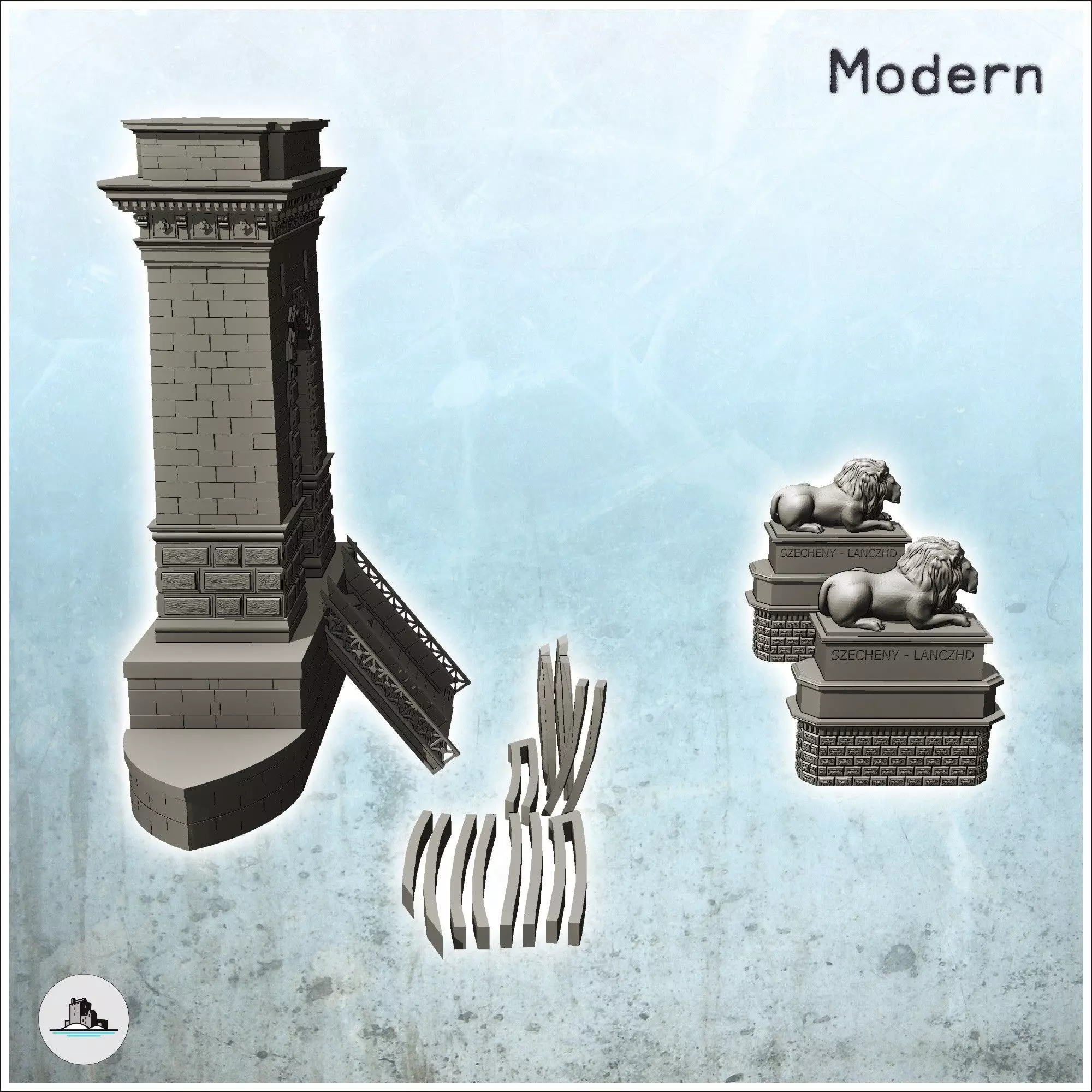 Ruined Szechenyi Chain Bridge Budapest Hungary - Modern WW2 WW1  3D print model_4