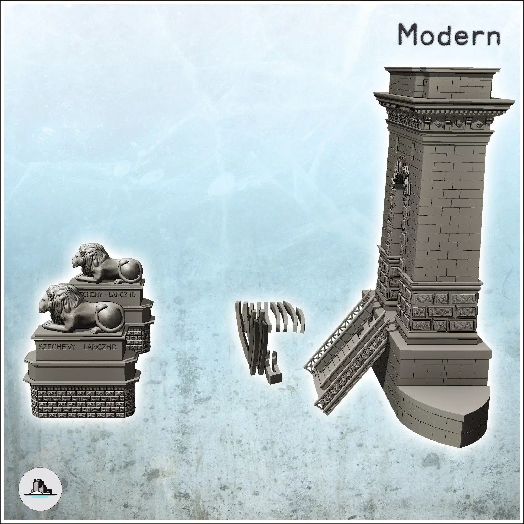 Ruined Szechenyi Chain Bridge Budapest Hungary - Modern WW2 WW1  3D print model_6